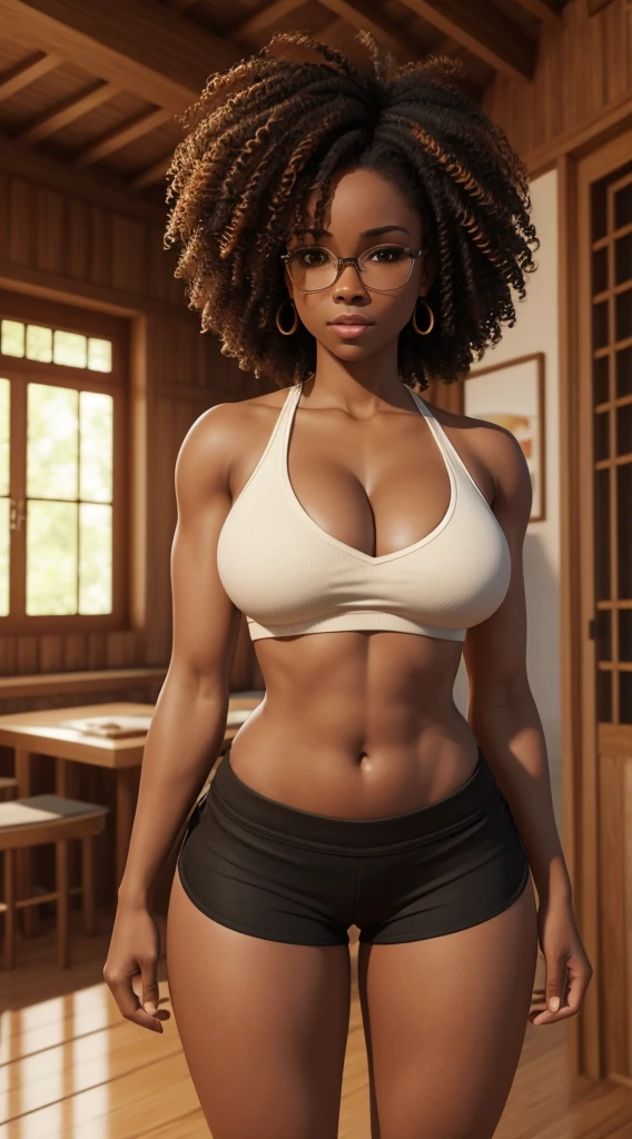 Black nerd with cleavage and a confident and humble appearance. wearing a crop top with her midriff exposed and tight, tight shorts. Her body is perfect, her breasts are large and proportional to her body, her legs are shapely and her buttocks are large and exposed. Colored curly hair with a natural fit. Vibrant, golden-eyed environment of a humble home in Brazil in high-quality 3D format back pose looking at angled 3D