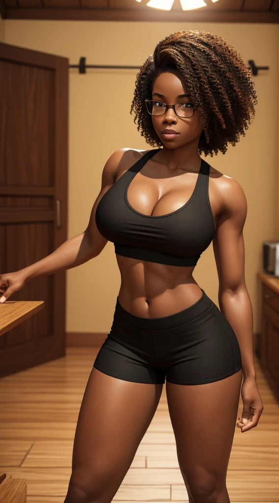 Black nerd with cleavage and a confident and humble appearance. wearing a crop top with her midriff exposed and tight, tight shorts. Her body is perfect, her breasts are large and proportional to her body, her legs are shapely and her buttocks are large and exposed. Colored curly hair with a natural fit. Vibrant, golden-eyed environment of a humble home in Brazil in high-quality 3D format back pose looking at angled 3D