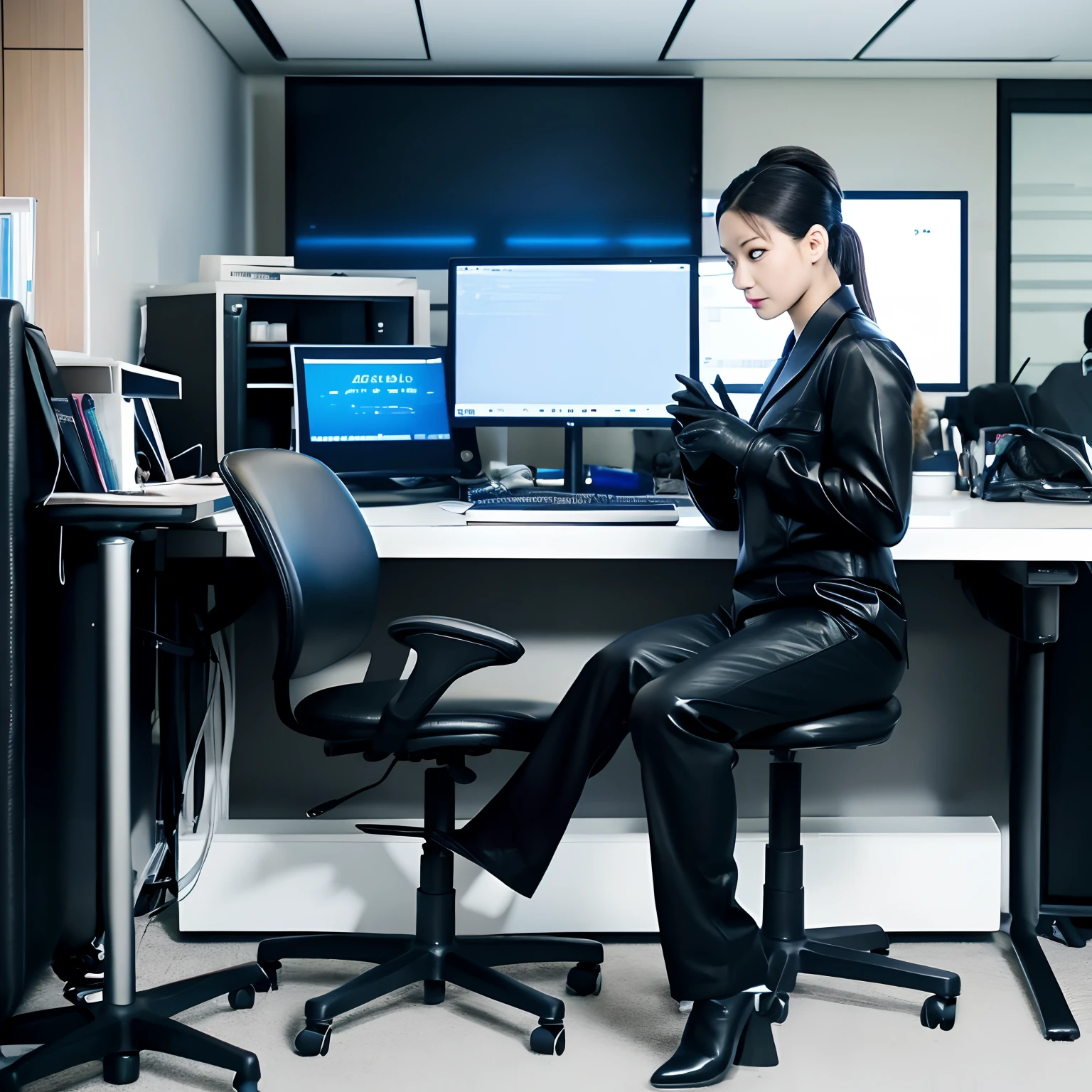 Wearing a black business pantsuit、Office in the Dark、facing a desk、While looking at the screen, tap the keys on the keyboard of the black laptop with the fingertips of the black leather gloves、Sitting on a black leather chair、Black hair ponytail、New beautiful female employee in Japan、Black leather long boots(BLACK leather gloves)