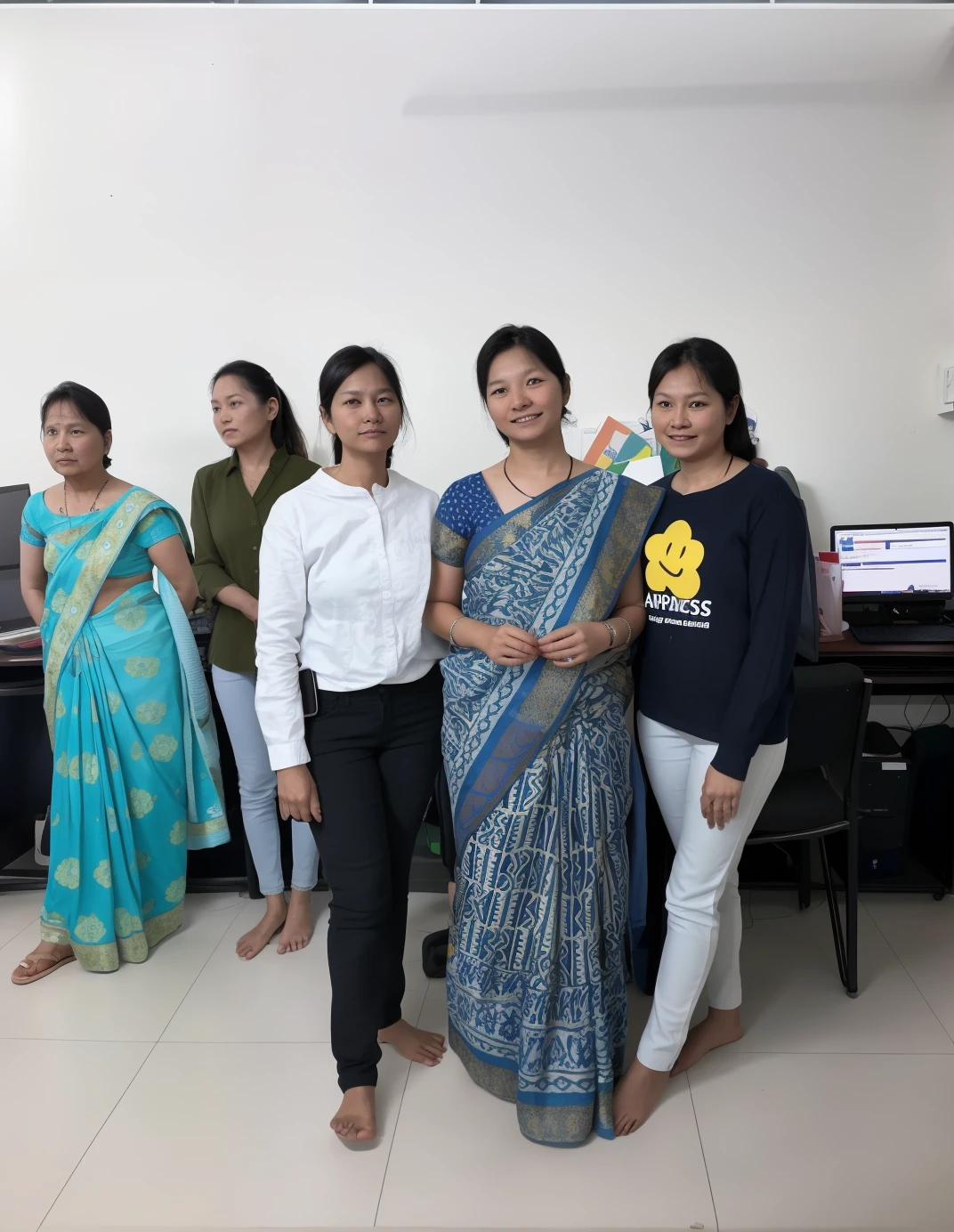 several women standing in a room with a laptop computer, in group photograph, in office, centre image, competition winning, photo taken in 2 0 2 0, taken with the best dlsr camera, candid picture, artistic pose, historical image, in an office, wpol and sarasti, old picture, in the office, cool pose, standing pose.one person nude