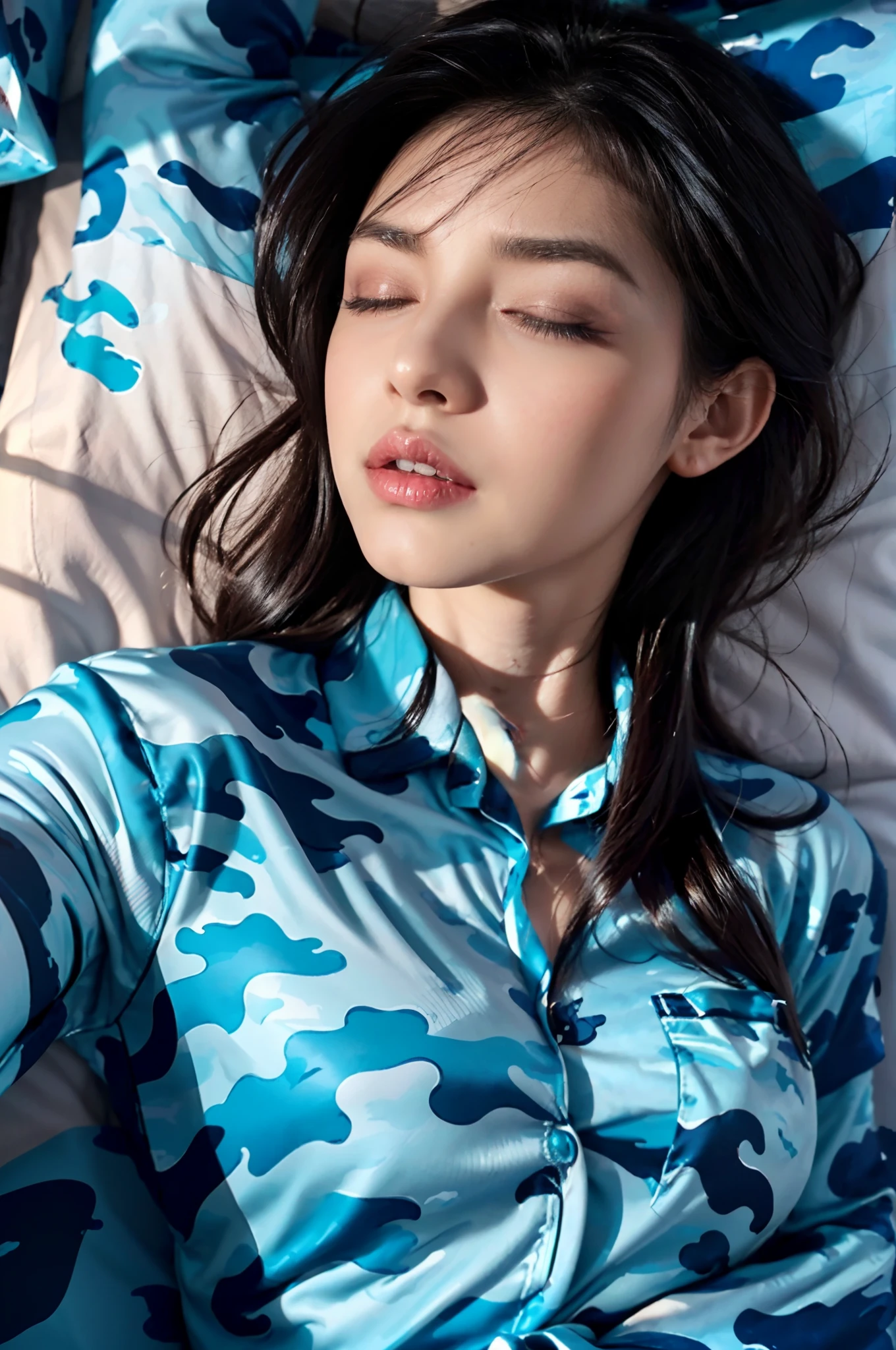 (shoulder-length straight black bob hair:1),（Extremely meticulous CG),(((8k))),wallpaper，（Extremely refined and beautiful），（Masterpiece:2.0），（best qualtiy:2.0），（Ultra High Resolution:2.0），beautiful light up，Perfect lightning,realistic shaded，[A high resolution],(Smooth and flawless fair skin:1.5),Extremely exquisite facial details,ultra - detailed,A  girl，small head,small face,Exquisite makeup,red lips,dawn,dim light,Close Shot,at home,in bedroom,blue green wall,Yellow curtains,(lying flat on back on bed:1.5),(close eyes:1.5),(open mouth:1.3),pain,Sleeping, fainting,(Top down overhead camera perspective:1.2),(perfect body:1.1),small breasts,flat chest,slim,thin,(Blue camouflage pajamas shirt:1.5),(femal orgasmic:1.5),(blush:1.3),(close-up of upper body:1.2)