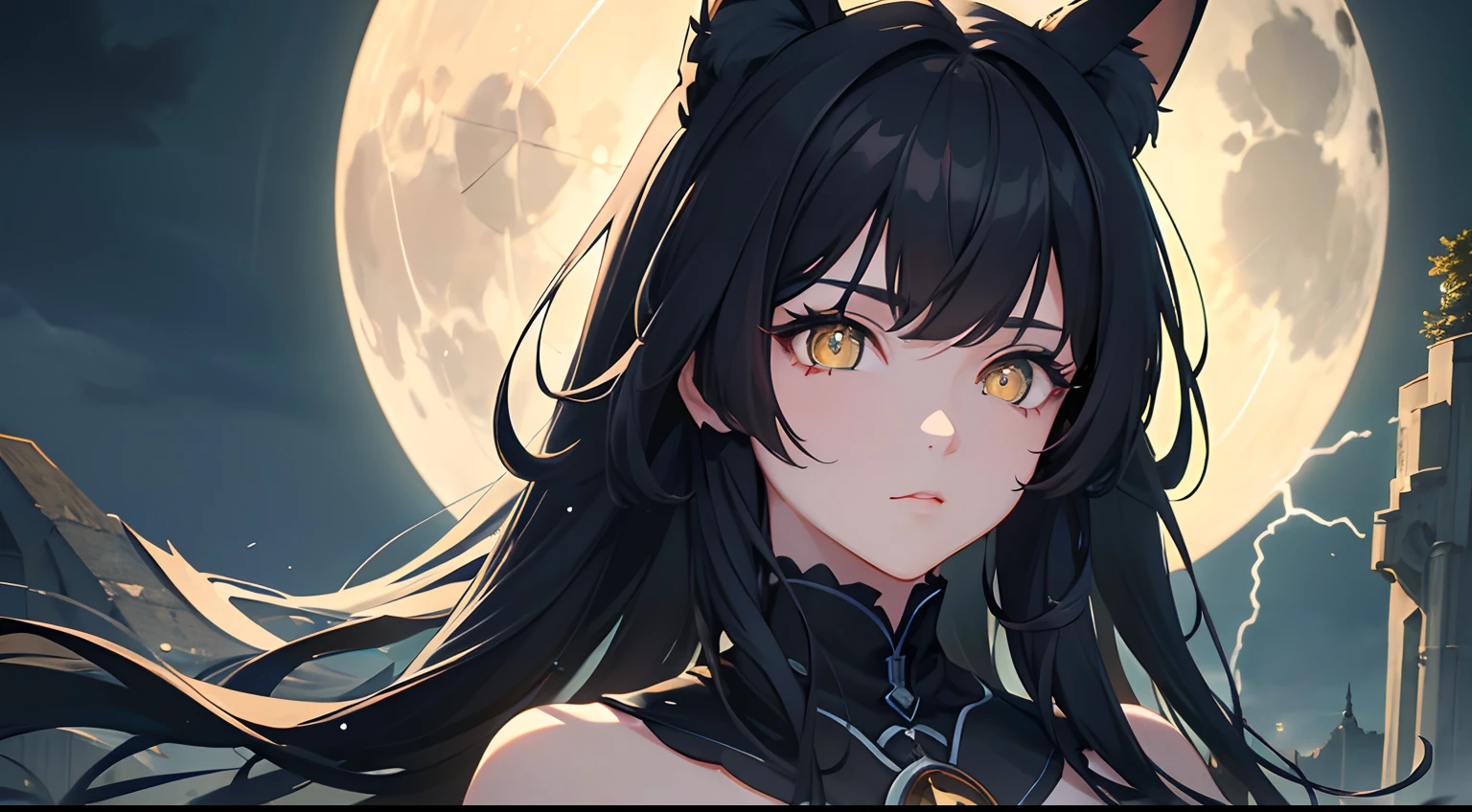 masterpiece, best quality, 1girl, black hair, ,yellow eyes, glowing eyes, fox ears, big moon, lightning aura, detailed eyes, detailed facial features, realistic and high resolution (best quality, 4k, 8k, highres, masterpiece:1.2)