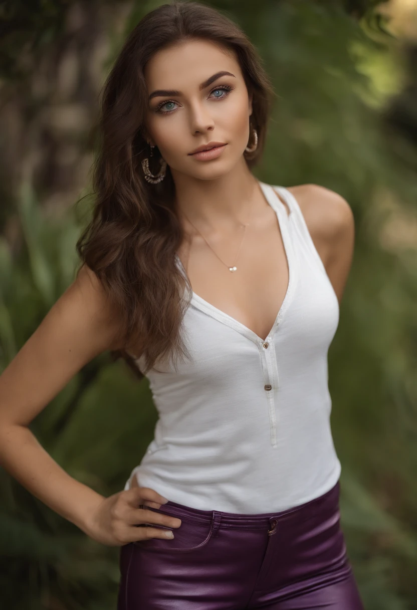 arafed woman with a white tank top and a necklace, sexy girl with green eyes, portrait sophie mudd, brown hair and large eyes, selfie of a young woman, bedroom eyes, violet myers, without makeup, natural makeup, looking directly at the camera, face with artgram, subtle makeup, stunning full body shot, piercing green eyes, beautiful angle, attractive pose, cute girl, sexy pose, full body picture, full body, full body shoot, brunette goddess, high detail, satisfied pose, leather pants