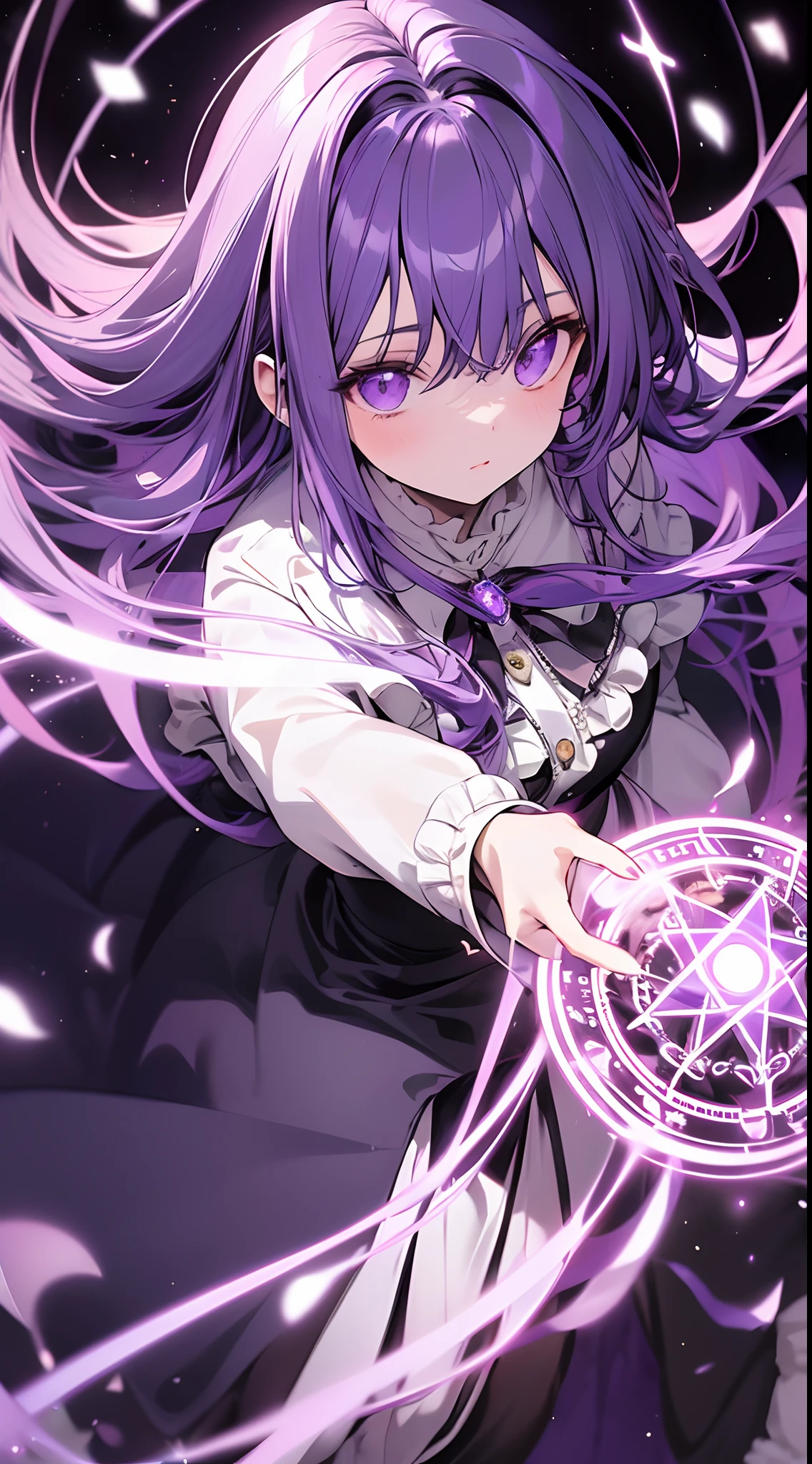 absurderes,masutepiece, Best Quality, Insanely detailed, 1 Absolute Beautiful Girl,Purple straight hair,Purple eyes,pale skin,White blouse with ruffles,Black long coat,(A magic circle glowing purple on the ground:1.2),Colorful magic circle background,From above,cinematic lighting,cinematic angles,Hyper realistic, Perfect Anatomy, Perfect five fingers