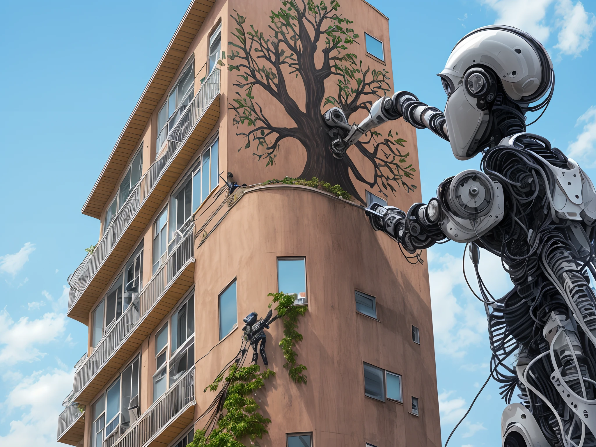 robot painting a tree on an appartement building --auto --s2