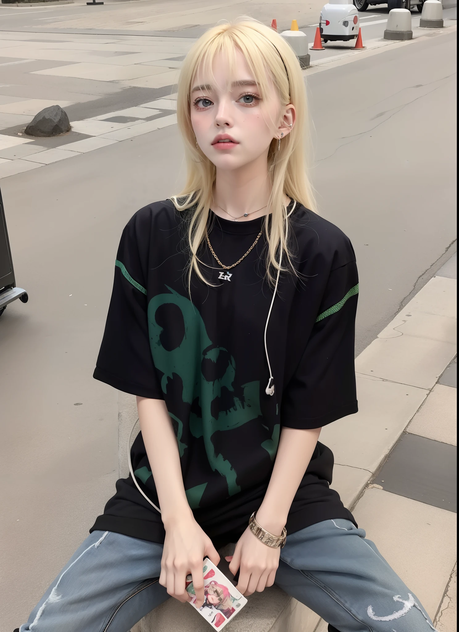 garçon araffed avec des cheveux blonds assis sur un trottoir avec une planche à roulettes, Cai Xukun, Elle porte du streetwear, E - fille, Porter du streetwear cyberpunk, e-fille, streetwear japonais, noir et vert, Tous les vêtements cyberpunk noirs, Cyberpunk Streetwear, Kanliu666, style anime, vert et noir, Billie Eilish, Cruelle fille gothique coréenne