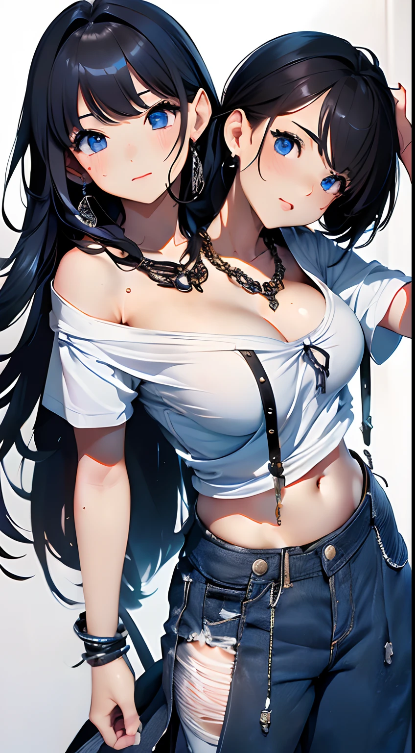 (masterpiece, best quality), best resolution, (2heads:1.5), 1girl, two-headed girl with((18year old, two heads, tattered clothing, white tube top, Black short-sleeved hoodie, White pants, Best Bust, Bust 85、extremely long black hair, Blue eyes, open chest wide, Happiness, Sweating, Chain Accessories, During the dance、お腹に♡のペイント))hiquality, visualart,