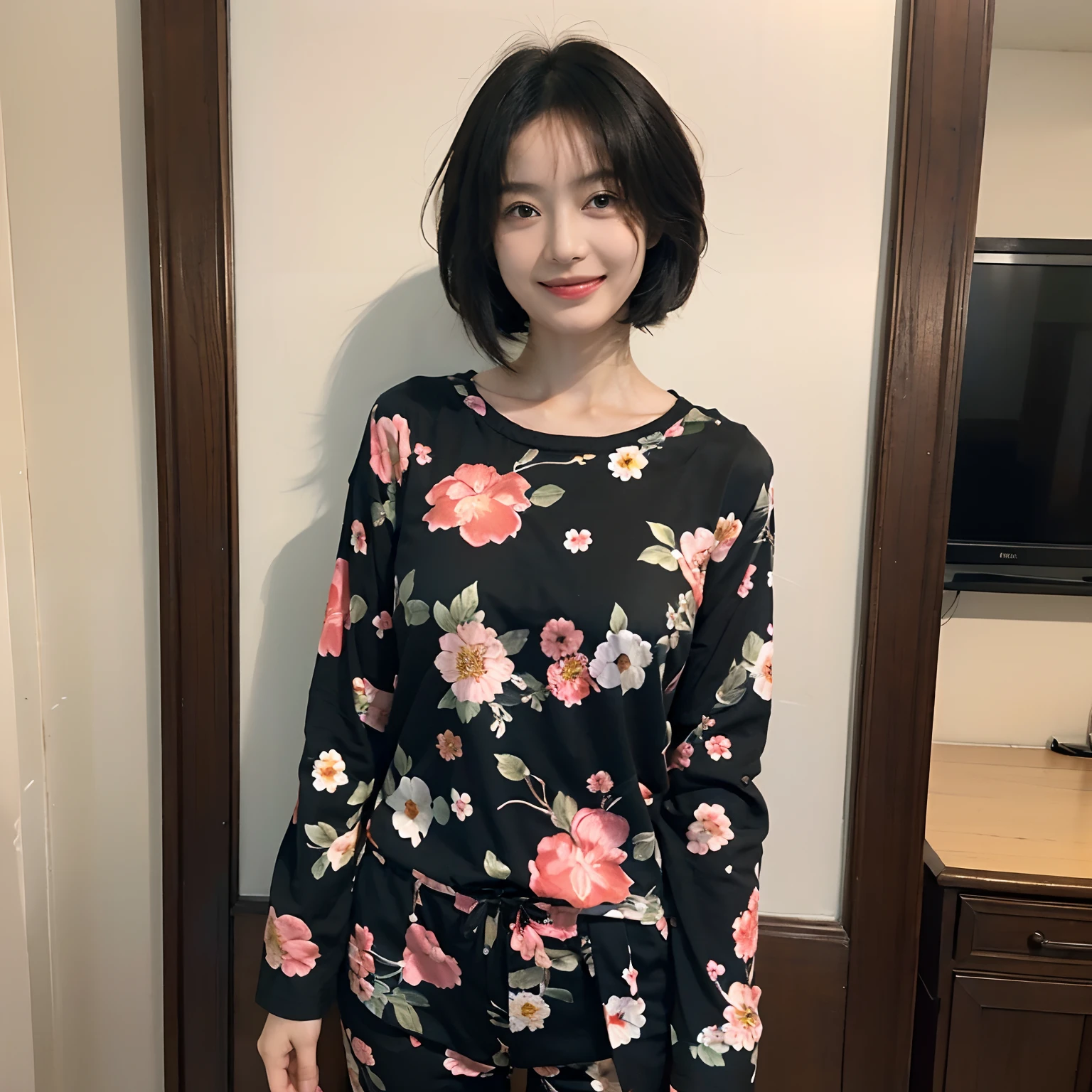 93
(a 20 yo woman,is standing), (A hyper-realistic), (masutepiece), ((short-hair:1.46)), (Smooth black hair), wear long pants, (Wearing a long-sleeved shirt with a floral print), (painterly、picture frame), (Gentle smile), (Keep your mouth shut)