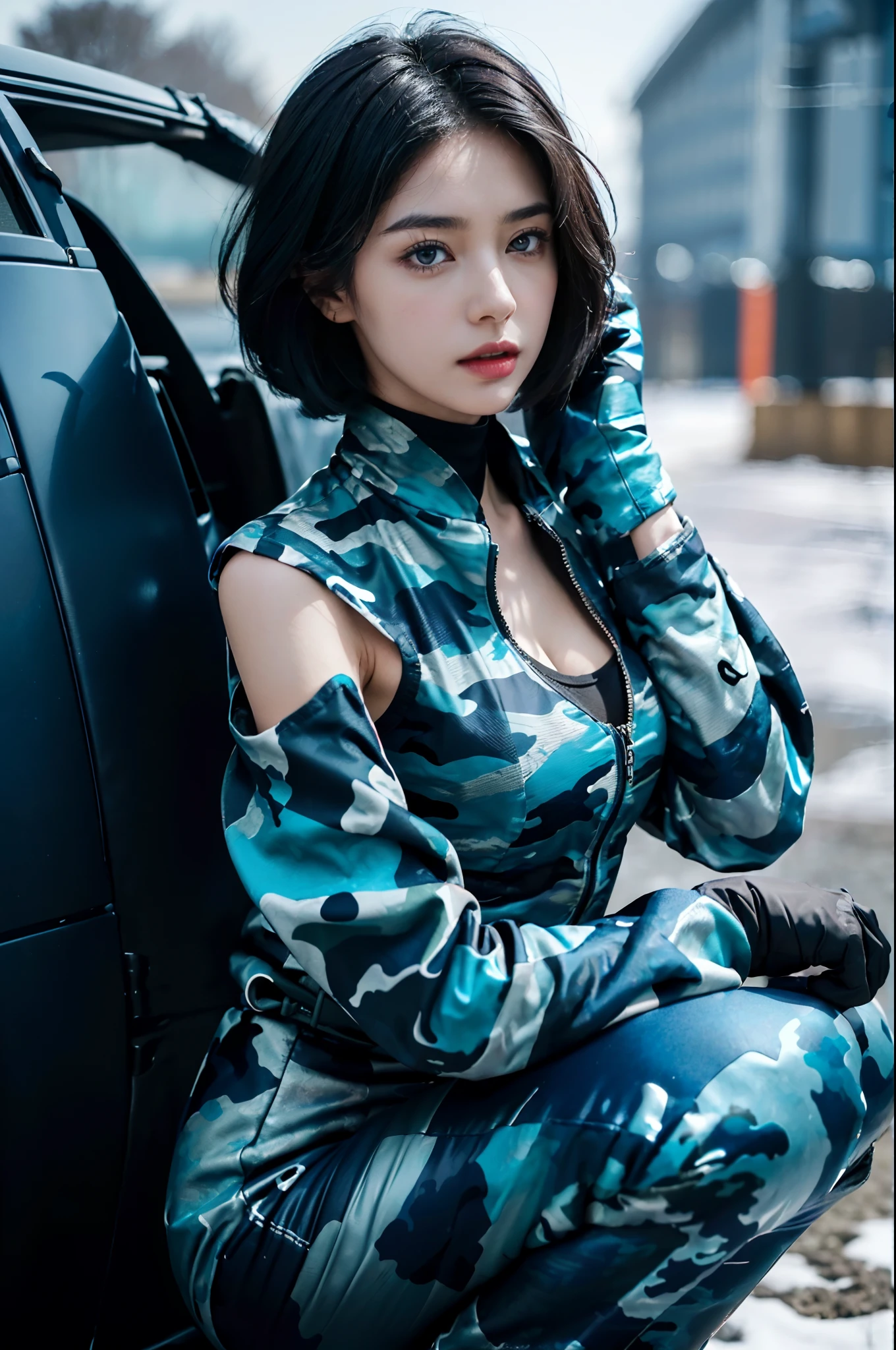 （extremely detremely detailed CG),8k,(Wallpapers），（Extremely refined and beautiful），((masterpiece))，((best qualtiy))，((超高分辨率))，beautiful light up，Perfect lightning，realistic shaded，[A high resolution],a girl,solo,(shoulder-length straight black bob hair),Smooth and flawless fair skin，ultra - detailed ，Elongated legs，flatchest，Slim，thin,(perfect body:1.2),female repairman，At military airfields，On the tarmac of a fighter,outdoor，winter,snowscape,in the afternoon,sunny days,Next to the huge Su-27 fighter，Under the wing of the fighter，Next to the landing gear of the fighter，Next to the tires,standing,(Wearing dirty dark blue gloves on both hands),((Blue camouflage down jacket,Blue camouflage pants)),underneath the jacket is tank top,((close-up of upper body)),(Clavicle), (cleavage),portrait