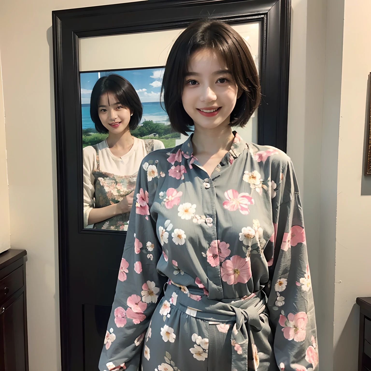 93
(a 20 yo woman,is standing), (A hyper-realistic), (masutepiece), ((short-hair:1.46)), (Smooth black hair), wear long pants, (Wearing a long-sleeved shirt with a floral print), (painterly、picture frame), (Gentle smile), (Keep your mouth shut)