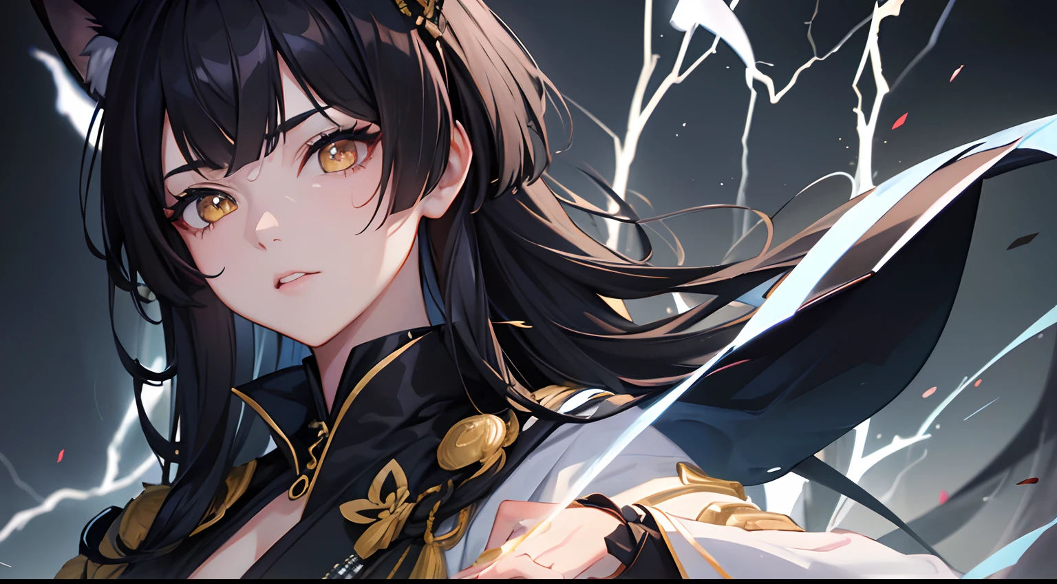 masterpiece, best quality, 1girl, black hair, ,yellow eyes, fox ears, samurai, lightning aura, detailed eyes, detailed facial features, realistic and high resolution (best quality, 4k, 8k, highres, masterpiece:1.2)