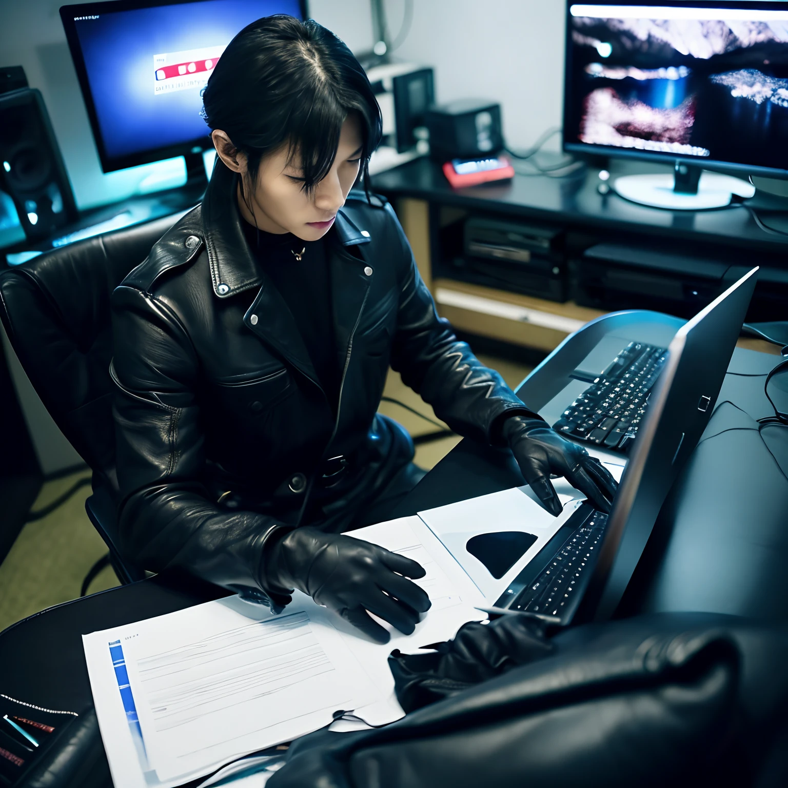 He wears black leather gloves on both hands、Sitting at the black laptop on the desk、Tapping on the keyboard with fingers wrapped in black leather gloves、Sitting on a black leather chair、Late-night computer room((He wears black leather gloves on both hands))Black hair ponytail、New beautiful female employee in Japan
