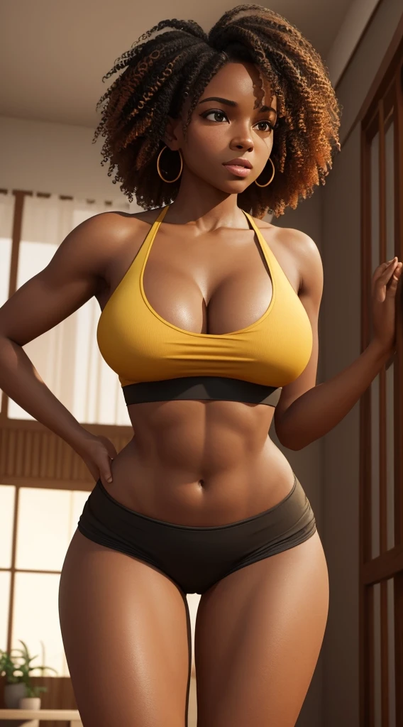 Nerdy black girl in a back pose with cleavage and confident and humble appearance. wearing a crop top with her midriff exposed and tight, tight shorts. Her body is perfect, her breasts are large and proportional to her body, her legs are shapely and her buttocks are large and exposed. Colorful curly hair with a natural fit. Vibrant, golden-eyed ambience of a humble home in Brazil in cinematic high-quality angular 3D format