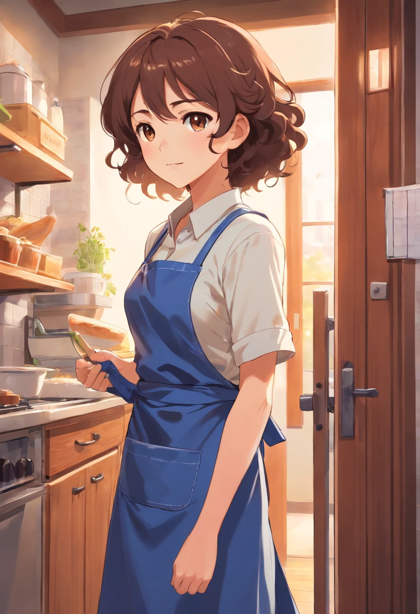 A curly-haired mom，Brown eyes，Clothes wearing a blue apron， Door opening action