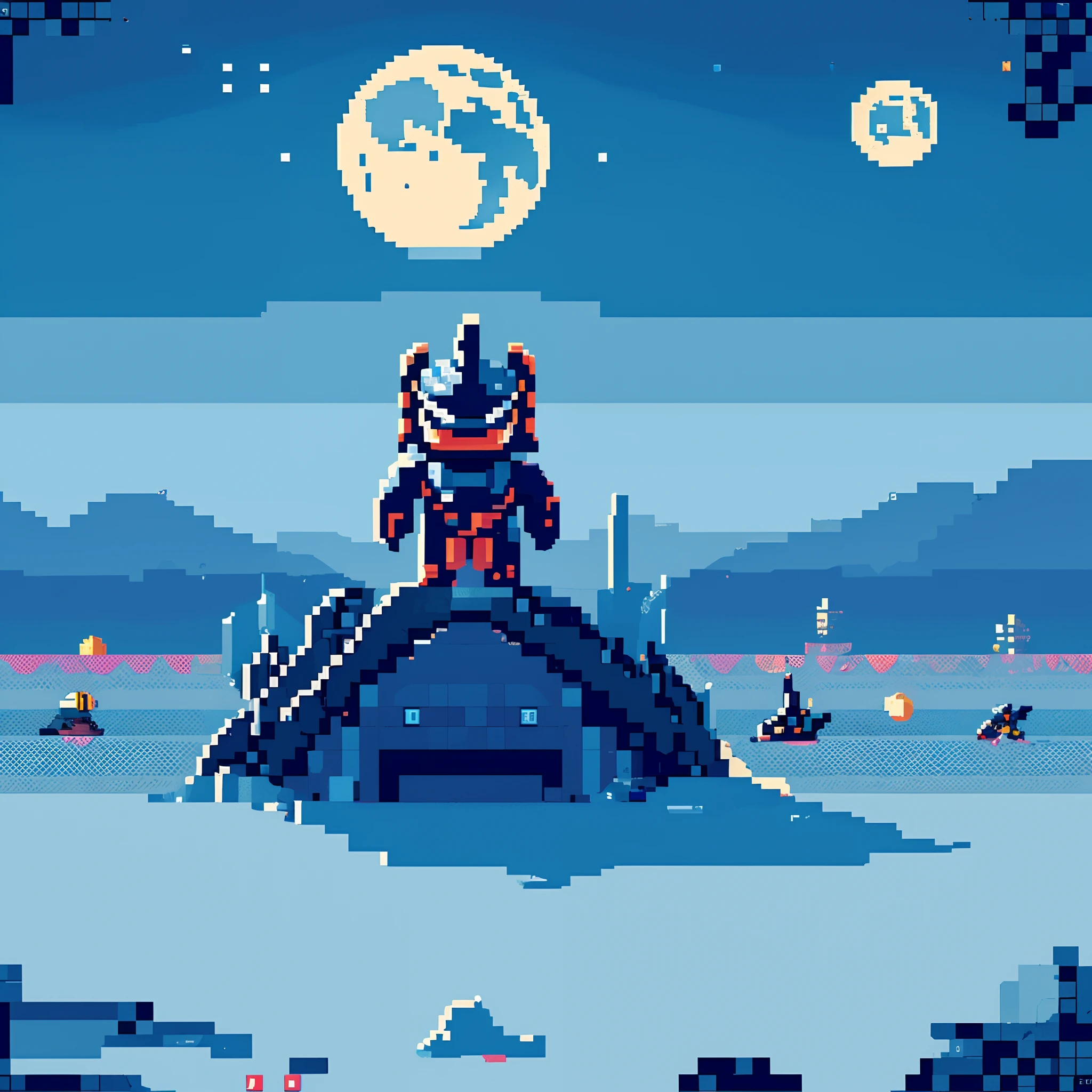 Pixel art of A Final boss, with black design titanium armor and helm, holding a raspberry pi, midnight, full moon,bright scenery, half photo , Pixel art, Masterpiece , beautiful detailed pixel art, detailed pixel art, Lofidel retro video game, concept pixelart, detailed pixel artwork, Pixel art style, pixel town, pixel art animation, high quality pixel art, Dolphins jump out of the sea, super detailed color lowpoly art, #Pixel art:3, # Pixel art, #Pixel art