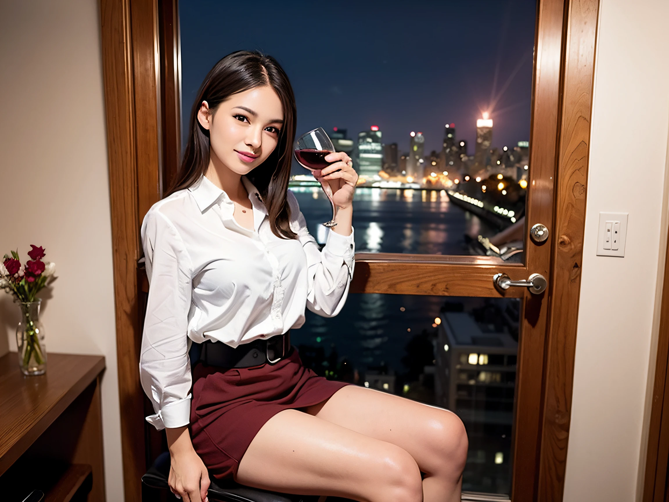 (64k uhd、nffsw、top-quality、masterpiece:1.2)、(realisitic、Photorealsitic:1.37)、Beautuful Women、Woman with good posture、japanes、Italian woman、French woman、A beautiful woman with a nice smile、Pretty women、(Slim Faces)、(Slim body)、(brawn hair)、(short-cut)、Short sleeved shirt、Neat and clean dress、Suits、Half Beauty、Longhaire、Wine Party、(45 yers old)、48yo、Wine lover、enjoying a glass of wine、Beautiful detailed urban night view outside the window、resturant、Have a glass of wine、Italian food on the table、(from waist up)、Beautuful Women、Beauty Witch、date、(A smile:1.15)、Beautiful fine eyes、Sitting on a chair、natta、(short-hair:1.2)、Float NovaFrogStyle、女優、modeled、from waist up、wine bottle、white wine、Slimed、wine glasses、red wine、Happy smile、Super Blessed