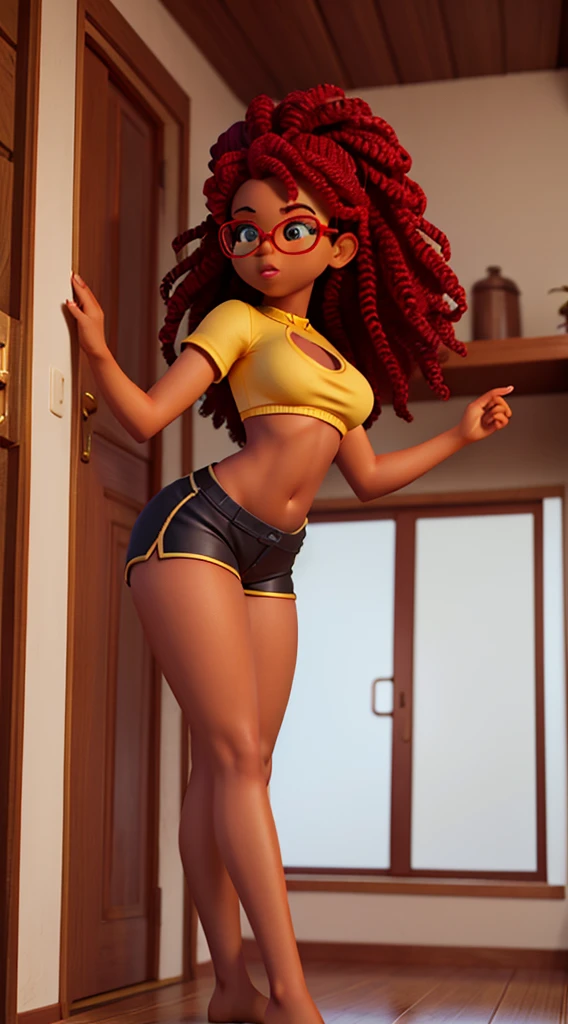 Nerdy black girl in a back pose with cleavage and confident and humble appearance. wearing a crop top with her midriff exposed and tight, tight shorts. Her body is perfect, her breasts are large and proportional to her body, her legs are shapely and her buttocks are large and exposed. Colorful curly hair with a natural fit. Vibrant, golden-eyed ambience of a humble home in Brazil in cinematic high-quality angular 3D format