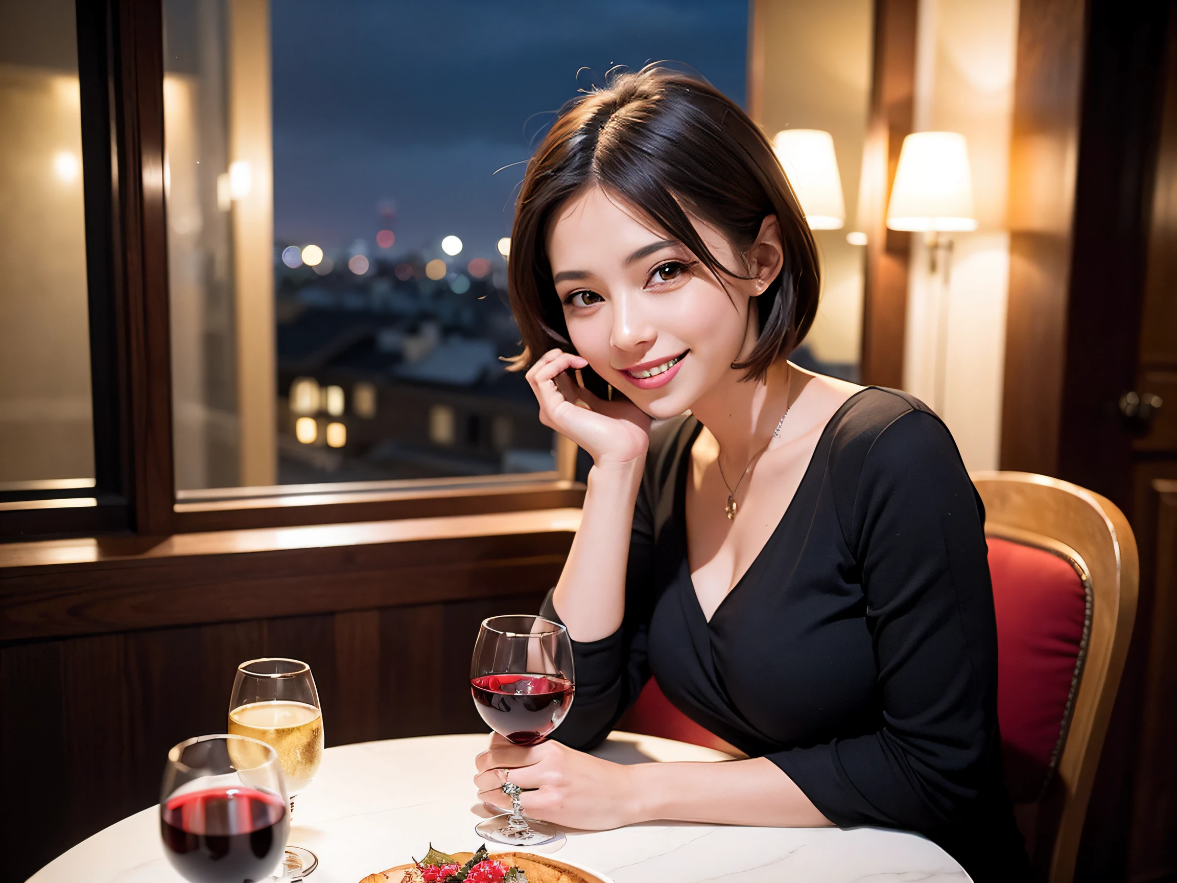 (64k uhd、nffsw、top-quality、​masterpiece:1.2)、(realisitic、Photorealsitic:1.37)、Beautuful Women、Woman with good posture、japanes、Italian woman、French woman、A beautiful woman with a nice smile、Pretty women、(Slim Faces)、(Slim body)、（brawn hair）、(short-cut)、Short sleeved shirt、Neat and clean dress、Suits、Half Beauty、Longhaire、Wine Party、(45 yers old)、48yo、Wine lover、enjoying a glass of wine、Beautiful detailed urban night view outside the window、resturant、Have a glass of wine、Italian food on the table、(from waist up)、Beautuful Women、Beauty Witch、date、(A smile:1.15)、Beautiful fine eyes、Sitting on a chair、natta、(short-hair:1.2)、Float NovaFrogStyle、女優、modeled、from waist up、wine bottle、white wine、Slimed、wine glasses、red wine、Happy smile、Super Blessed