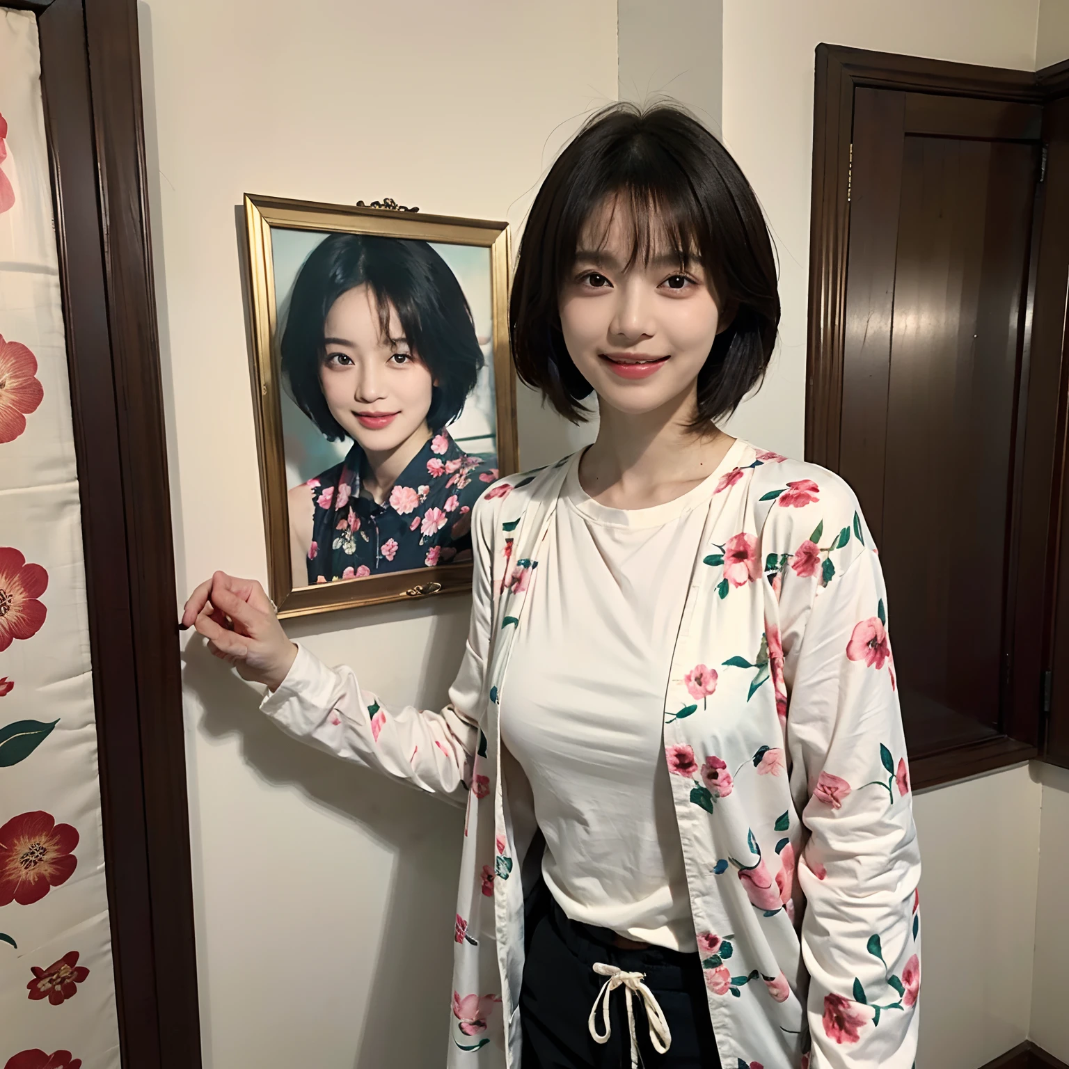 93
(a 20 yo woman,is standing), (A hyper-realistic), (masutepiece), ((short-hair:1.46)), (Smooth black hair), wear long pants, (Wearing a long-sleeved shirt with a floral print), (painterly、picture frame), (Gentle smile), (Keep your mouth shut)