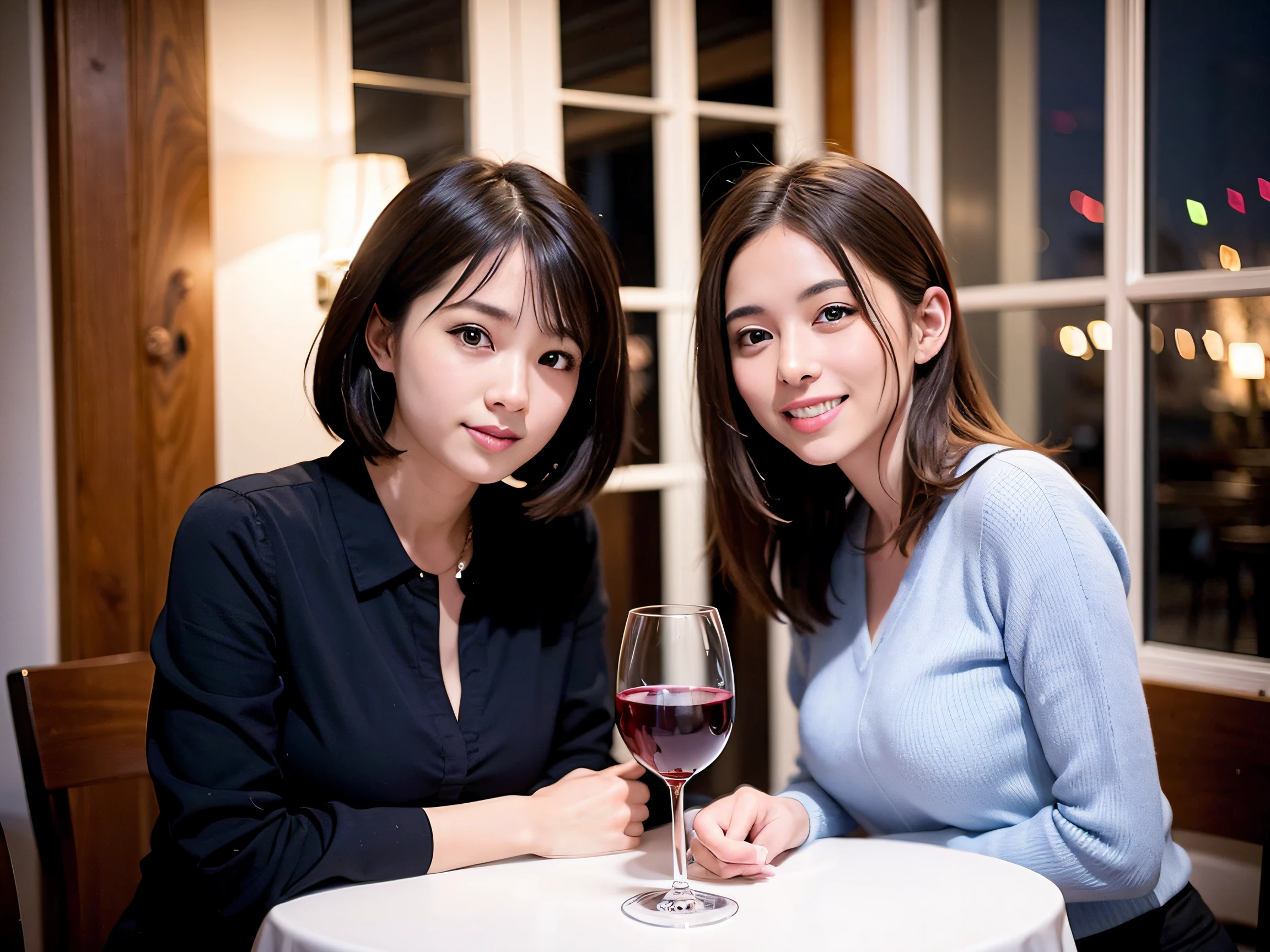 (64k uhd、nffsw、top-quality、masterpiece:1.2)、(realisitic、Photorealsitic:1.37)、ultra-detailliert、wine glasses、enjoying a glass of wine、a matural female、Two beautiful women、(Slim Faces)、(Slim body)、(brawn hair)、(short-cut)、Latino、smiling french woman、happy italian girl、British woman、Americana、blush a little on the cheeks、(36-years old)、39 years old、red wine、A beautiful and detailed night view spreads out outside the window..........、resturant、Wine glasses in a prominent place、natta、(from waist up)、sitting on、date、(A smile:1.15)、Beautiful detailed eyes、Cashmere sweater、long-sleeved dresses、japanes、(short-hair:1.2)、Float NovaFrogStyle、、modeled、from waist up、white wine、Slimed、wine glasses、Super beautiful night view、Put the wine glass in the middle、Happy smile、(8K、Raw photography、top-quality、masterpiece:1.2)、(realisitic、Photorealsitic:1.37)、ultra-detailliert、超A high resolution、2 females、see the beholder、beautifull detailed face、A smile、Constriction、(Slim waist) :1.3)、knit shirt、Beautiful detailed skin、Skin Texture、floated hair、professional light needle breast、eyes gentle