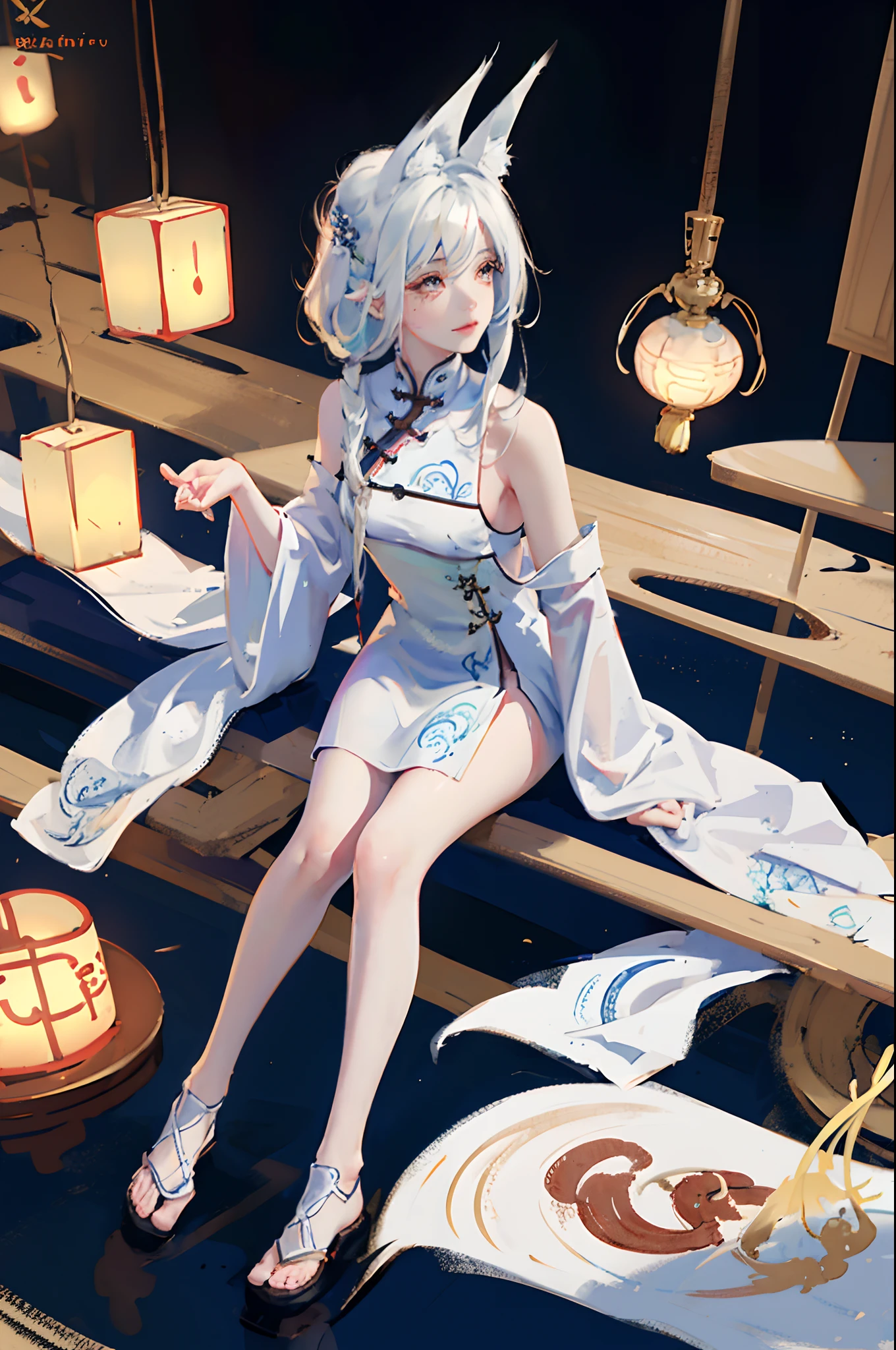 ((4K,Masterpiece,Best quality)), shuimobysim, Traditional Chinese Ink Painting, Lotus, Hanfu, maxikit, dress conservatively 1 girl, Solo, White hair, Long hair, Fox ears, White,