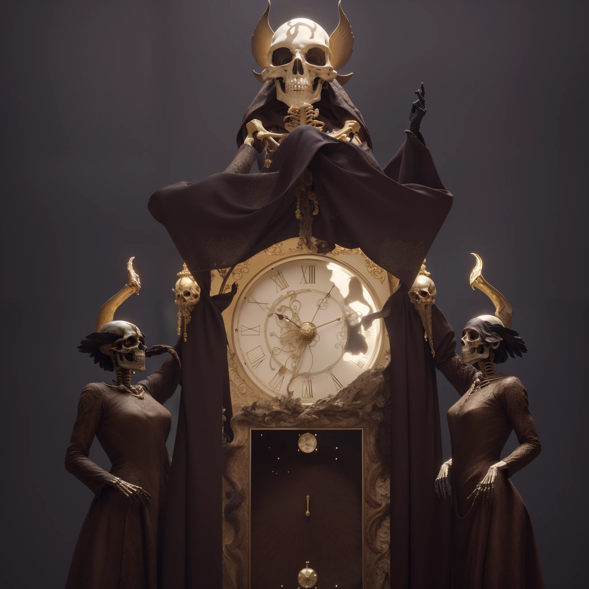 There is a clock,There is a skeleton on it, art nouveau octane render, fantasy style 8 k octane render, daily render, insanely detailed octane render, polycount contest winner, unreal 5 engine highlly render, unreal engine rendered + A goddess, rendered in octane render 32k, 8 k cg render, render in unreal engine 5, rendering by octane