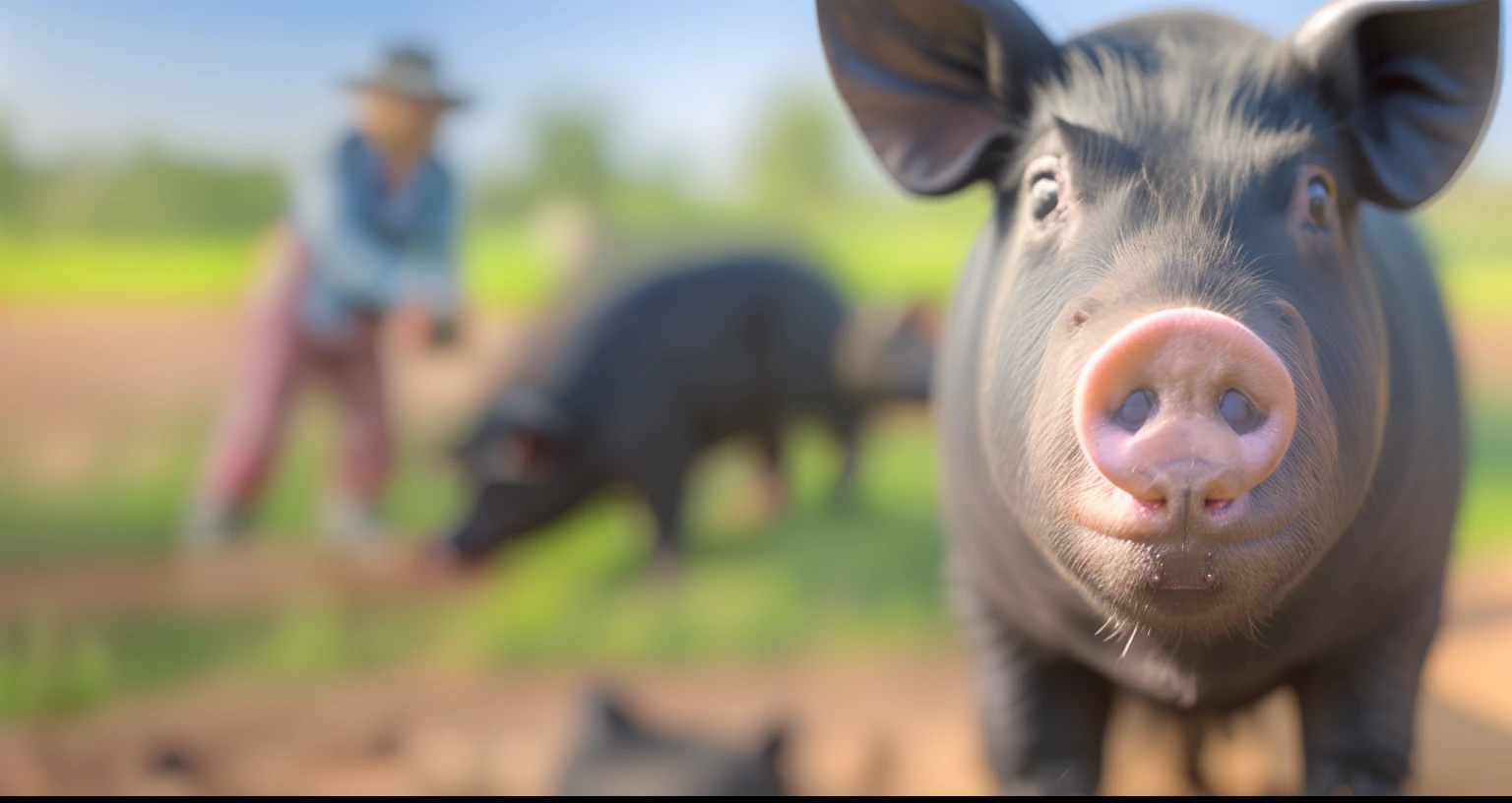 There was a black pig standing in the dirt, looking towards camera,Far on the land,An old woman feeds a black pig,Photorealistic effects,
