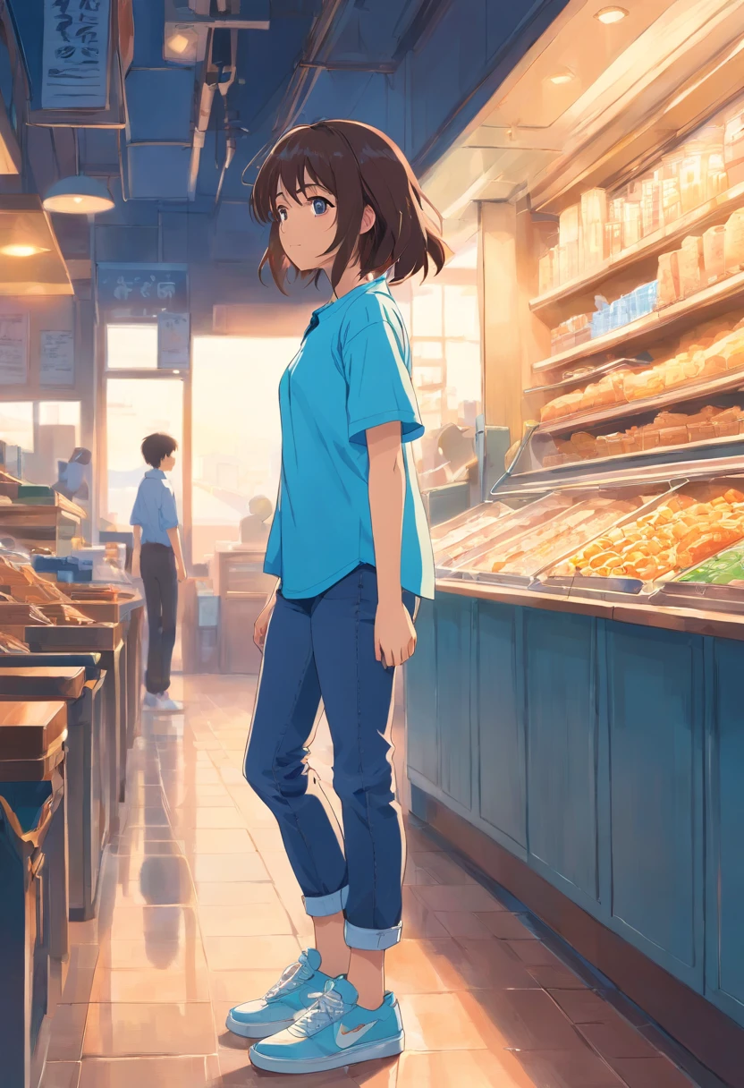A young girl wears a blue shirt,Sneakers,Jeans light blue side of a little back