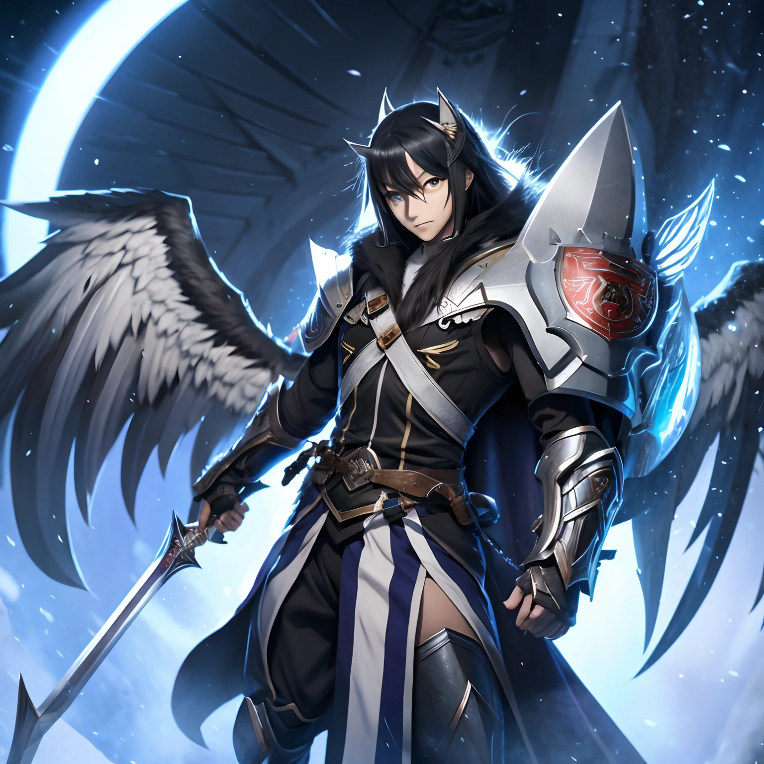 Siberian Husky、1dog、Wings of the Siberian Husky、Wings on one side only、Black Angel Wings、Black wings、Wear armor、In his right hand he holds an ax、Holding a shield in his left hand、Anime works、