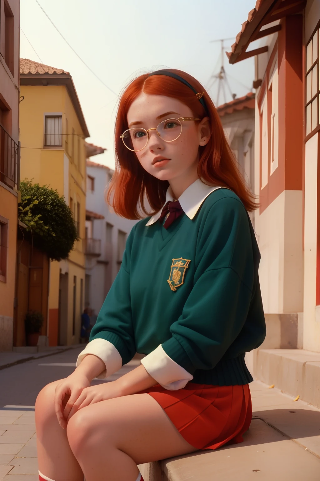 Year: ((1988)). Location: Northern Spain. Pre-raphaelite 13-year-old girl, redhead, freckles, glasses, good girl, school recess, sitting in a step, casual clothes, skirt and jersey, ((("OMITB" cinematography))), ((Wes Anderson style))