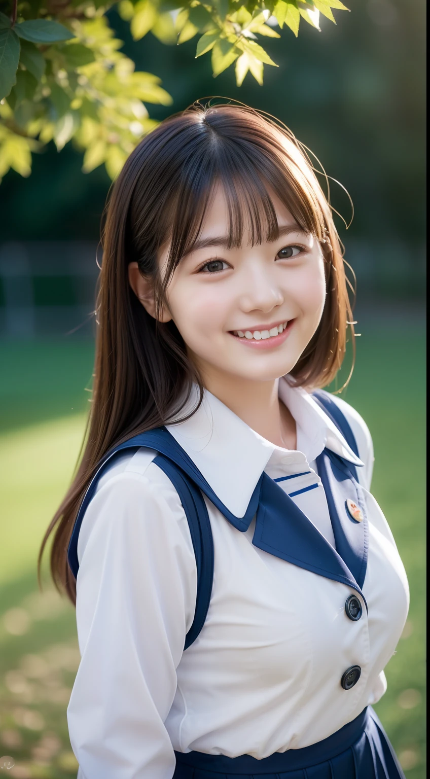 Enhanced dynamic perspective,Cute cute beautiful girl,JK school uniform,Look at me and smile,simple backgound,Works of masters,high quarity,4K resolution,super-fine,Detailed pubic hair,acurate,Cinematic lighting,Volleyball Club、Leaves the original facial proportions、(large full breasts)、((buttonGap))