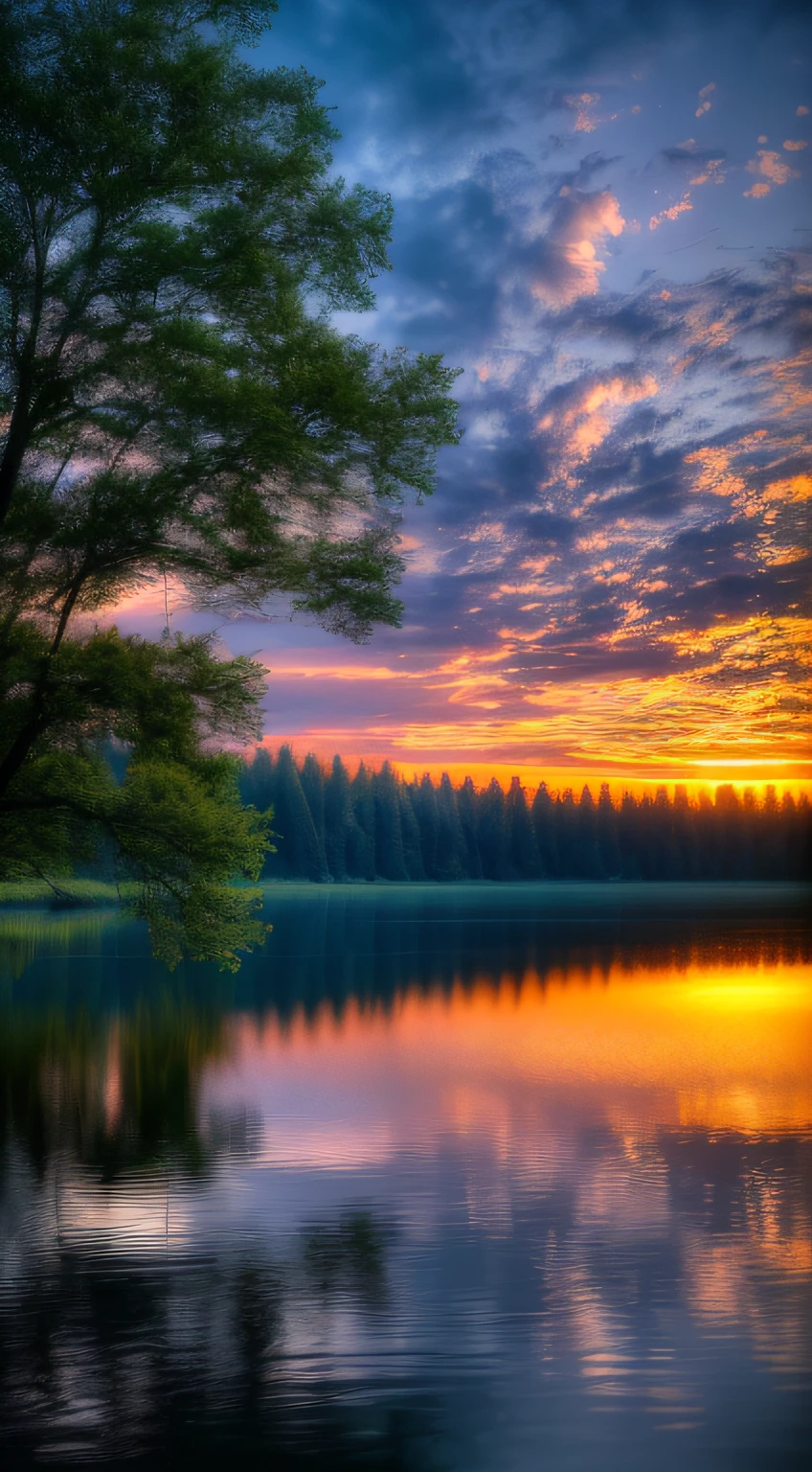 Wallpaper, summer, lake, dawn, forest, clouds, dawn background, depth of field, HD detail, hyperdetail, cinematic, soft light, deep field focus bokeh, ray tracing, diffuse (ultra-fine glass reflection) and realism. --v6