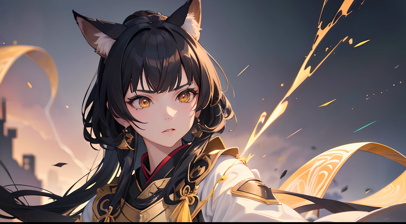 masterpiece, best quality, 1girl, black hair, ,yellow eyes, fox ears, samurai, lightning aura, detailed eyes, detailed facial features, realistic and high resolution (best quality, 4k, 8k, highres, masterpiece:1.2)