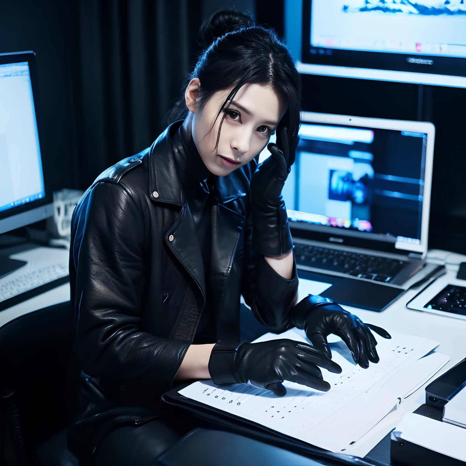 He wears black leather gloves on both hands、Sitting at the black laptop on the desk、Tapping on the keyboard with fingers wrapped in black leather gloves、Sitting on a black leather chair、Late-night computer room((He wears black leather gloves on both hands))Black hair ponytail、New female employees in Japan