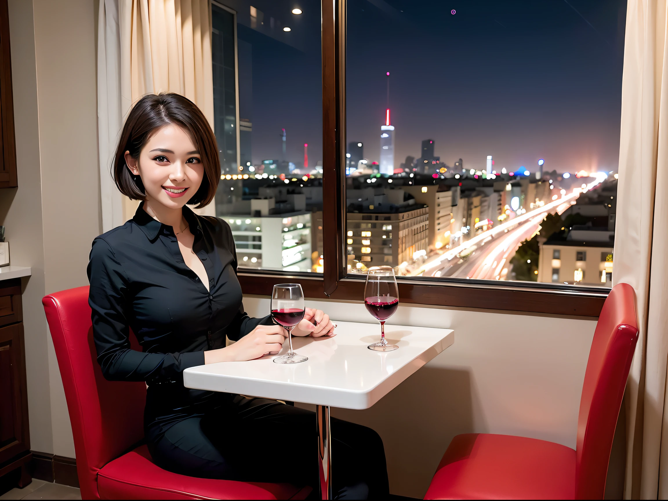 (64k uhd、nffsw、top-quality、masterpiece:1.2)、(realisitic、Photorealsitic:1.37)、Beautuful Women、Woman with good posture、japanes、Italian woman、French woman、A beautiful woman with a nice smile、Pretty women、(Slim Faces)、(Slim body)、(brawn hair)、(short-cut)、Short sleeved shirt、Neat and clean dress、Suits、Half Beauty、Longhaire、Wine Party、(45 yers old)、48yo、Wine lover、enjoying a glass of wine、Beautiful detailed urban night view outside the window、resturant、Have a glass of wine、Italian food on the table、(from waist up)、Beautuful Women、Beauty Witch、date、(A smile:1.15)、Beautiful fine eyes、Sitting on a chair、natta、(short-hair:1.2)、Float NovaFrogStyle、女優、modeled、from waist up、wine bottle、white wine、Slimed、wine glasses、red wine、Happy smile、Super Blessed