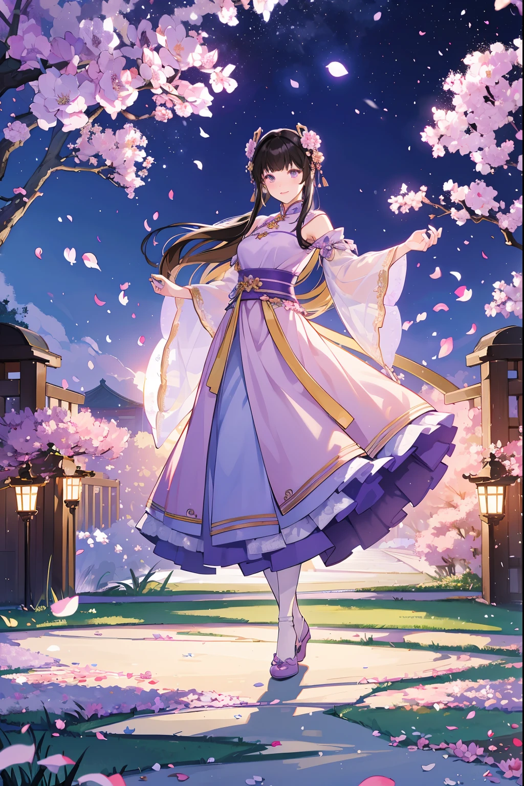 (Best quality,A high resolution,Clear image:1.2),Ultra-detailed background,Beautiful woman,standing on your feet，Purple dress，Chinese style clothes,Delicate petals,Garden scene,Under the moonlight,Romantic atmosphere,Dutch Angle Shot,Soft lighting,shelmet