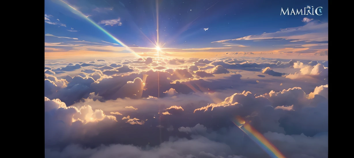 Picture of the sky above the clouds, luminous sky heaven background, paradise background, heaven planet in background, Lens flare. occult photorealism, still of rainbow ophanim, background heavenly sky, Atmospheric fantasy sky, Cosmos Sky. By Makoto Shinkai, Lens flare photos are real, volumetric light clouds, beams of light from sky,Makoto Shinkai painting style,dream magical