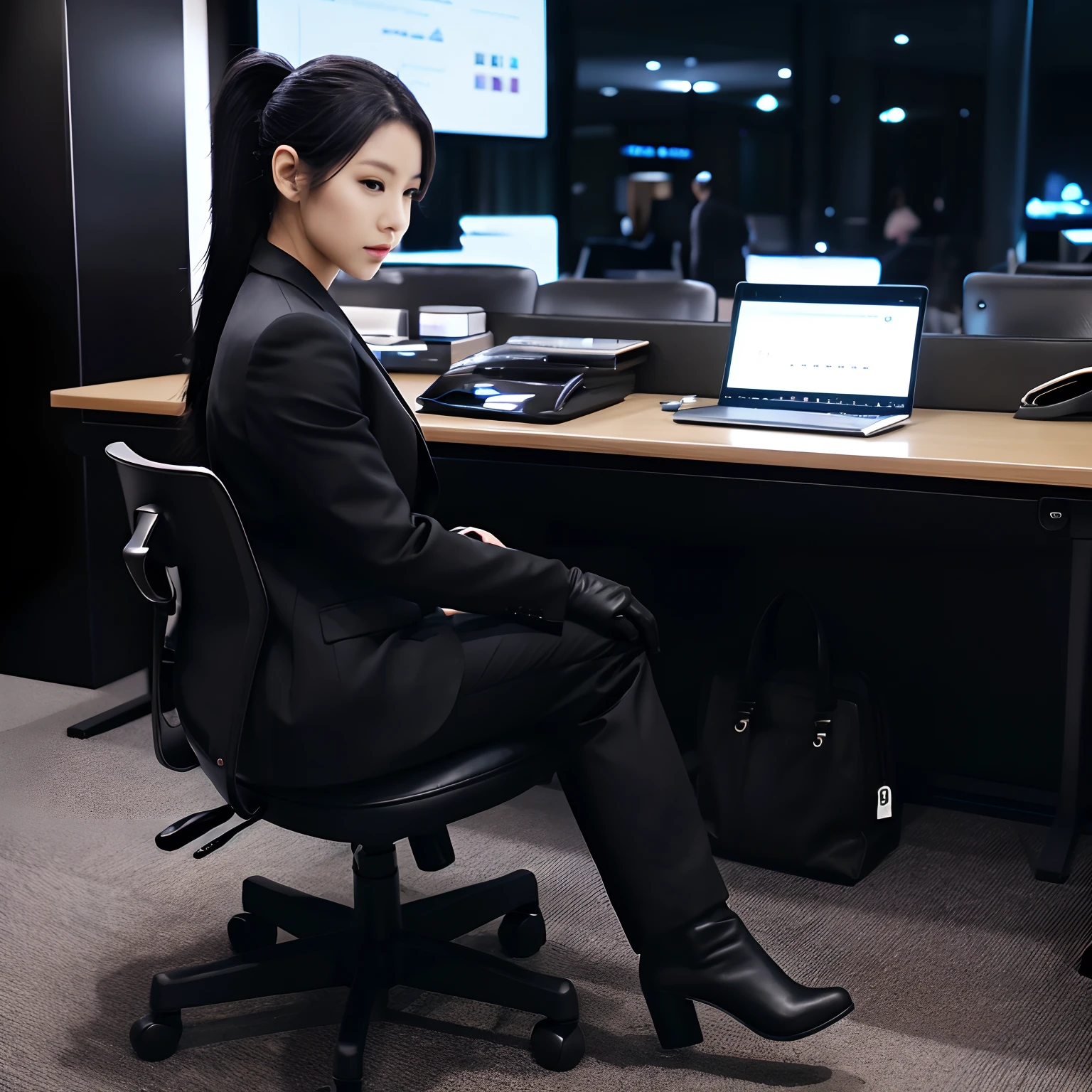 Wearing a black business pantsuit、Office in the Dark、facing a desk、While looking at the screen, tap the keys on the keyboard of the black laptop with the fingertips of the black leather gloves、Sitting on a black leather chair、Black hair ponytail、New beautiful female employee in Japan、Black leather long boots