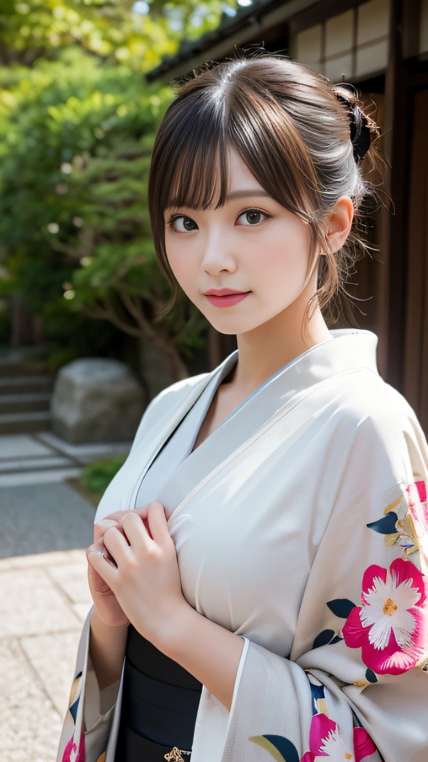 Professional Lighting,(Photorealistic:1.4), (Top image quality:1.0), (超A high resolution:1.0), 8k, Raw photography, (masterpiece:0.2), (Facing the children_v1:0.5)、(highest quality Detail:1.2)、Realistic、8K Ultra HD、High resolution、(1 girl:1.2)、Super detailed、High quality textures、Complex details、detailed、Very detailed CG、High quality shadows、detailed Beautiful and delicate face、Beautiful details and a delicate eye、(Symmetrical eyes:1.2),Written boundary depth、Ray Tracing,1 girl, Japanese Girls, (Natural smile:1.4),cute, thin, Portrait of a beautiful Japanese woman in a kimono, Standing elegantly on a street corner in Kyoto. Kimono with vibrant traditional patterns, Hair decorated with elegant and delicate hairpins, Gentle expression. (With the old streets of Kyoto in the background:1.4)、The soft light of a spring afternoon、Adding tranquility to the scene. Rendered in a Realistic style with great attention to detail, High resolution images.Sky Porn, Magic Hour, (Realistic:1.3), finely, quality, (Tabletop:1.2), (Realistic:1.2), (highest quality), (Complex details), dramatic, Ray Tracing, photograph, +roller, (Large Breasts:1.2),