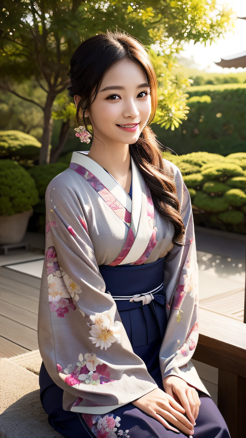 (Photorealsitic:1.4), (Top image quality:1.0), (超A high resolution:1.0), 8K, Raw photography, (​masterpiece:0.2), (pureerosface_v1:0.5)、(Best Quality Detail:1.2)、realisitic、8K UHD、hight resolution、(1girl in:1.2)、The ultra-detailliert、High quality textures、intricate detailes、detaileds、Very detailed CG、High quality shadows、Detail Beautiful delicate face、Detail Beautiful delicate eyes、depth of fields、Ray traching,1girl in, japanaese girl, Cute, slender, Black kimono, Kimono with Japanese pattern,Floral scrunchie, Beautiful skin, Facing the front,Sit down, Sit upright and say thank you,Align your hands elegantly,Smile faintly The Land of Japan,Japanese garden,Luxury Japanese-style room, skyporn, Magic Hour, (Realistic:1.3), Finely detailed, quality, (masutepiece:1.2), (Photorealistic:1.2), (Best Quality), (Intricate details), Dramatic, Ray tracing, photograph, +Lola