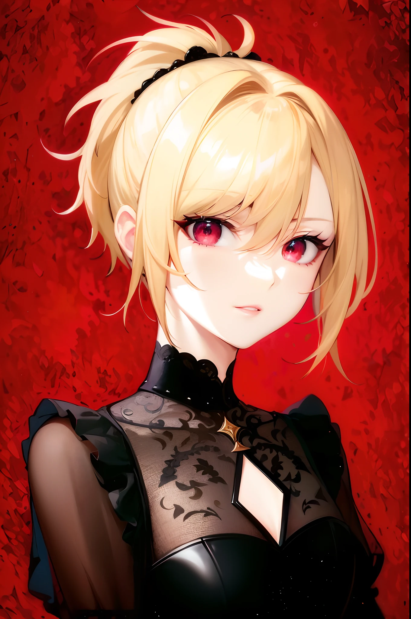 anime girl with blonde hair and red eyes in black dress, artoria pendragon, anime style portrait, inspired by Li Chevalier, anime girl wearing a black dress, beautiful anime portrait, anime portrait of shiina ringo, detailed portrait of anime girl, portrait anime girl, portrait of an anime girl, stunning anime face portrait, rin, persona 5 art style wlop