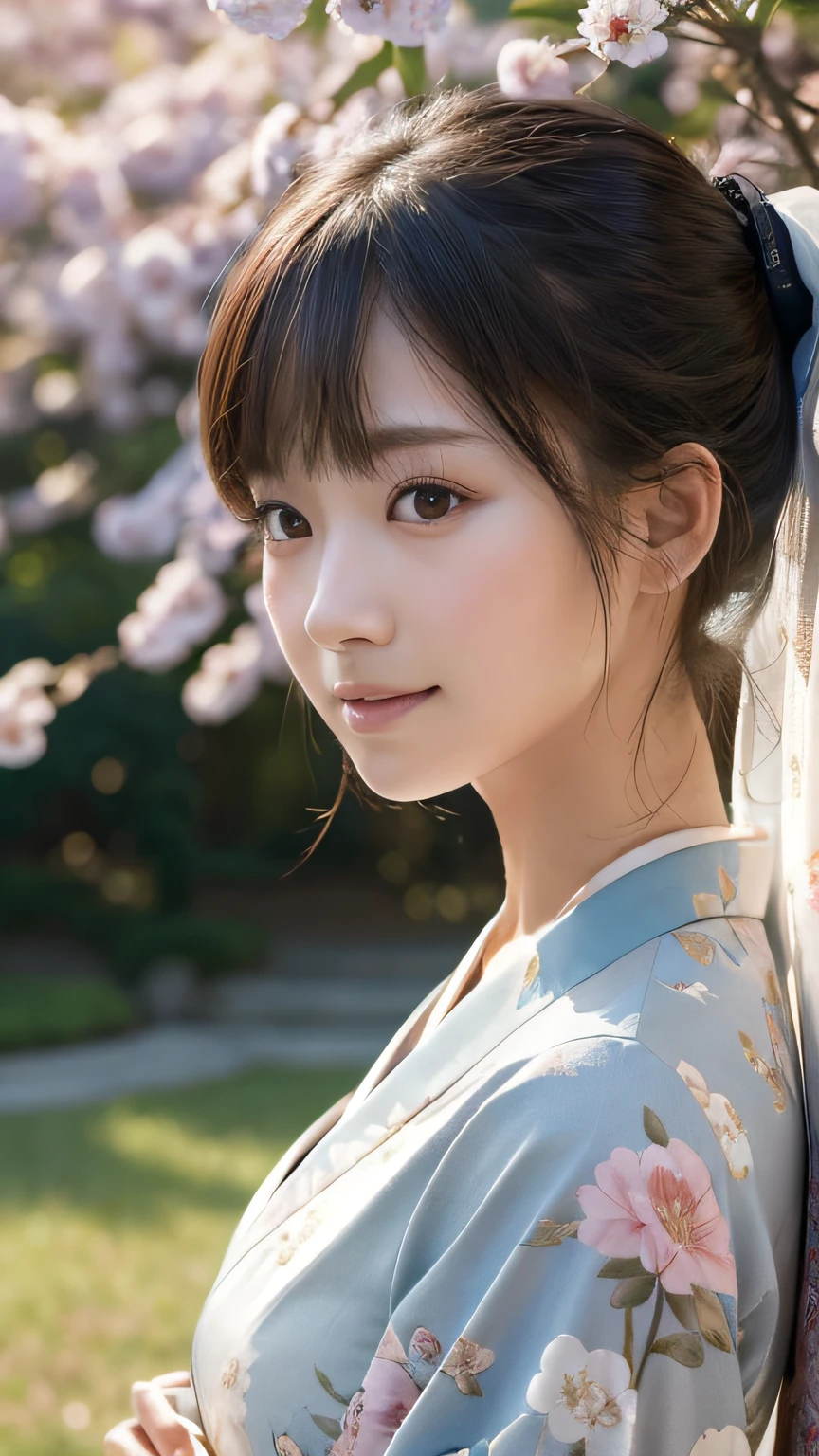 (Photorealsitic:1.4), (Top image quality:1.0), (超A high resolution:1.0), 8K, Raw photography, (masterpiece:0.2), (pureerosface_v1:0.5)、(Best Quality Detail:1.2)、realisitic、8K UHD、hight resolution、(1girl in:1.2)、The ultra-detailliert、High quality textures、intricate detailes、detaileds、Very detailed CG、High quality shadows、Detail Beautiful delicate face、Detail Beautiful delicate eyes、depth of fields、Ray traching,1girl in, japanaese girl, Cute, slender, Kimono with geometric pattern,Floral scrunchie, Beautiful skin, Facing the front,, Stand upright and say thank you,Align your hands elegantly,Smile faintly The Land of Japan,Japanese garden,Luxury Japanese-style room, skyporn, Magic Hour, (Realistic:1.3), Finely detailed, quality, (masutepiece:1.2), (Photorealistic:1.2), (Best Quality), (Intricate details), Dramatic, Ray tracing, photograph, +Lola