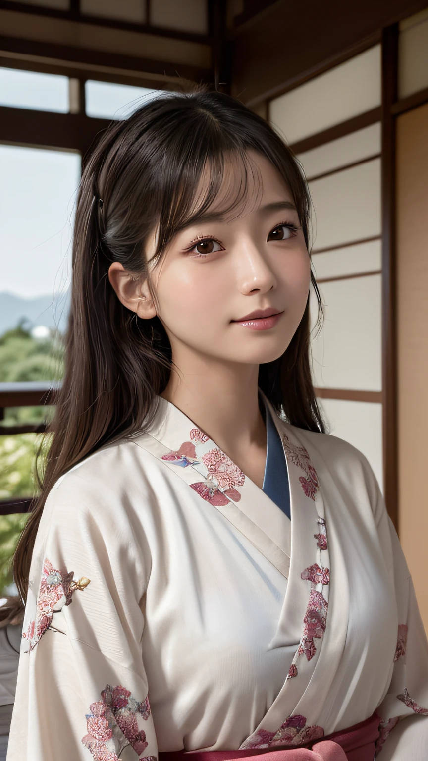 (Photorealsitic:1.4), (Top image quality:1.0), (超A high resolution:1.0), 8K, Raw photography, (masterpiece:0.2), (pureerosface_v1:0.5)、(Best Quality Detail:1.2)、realisitic、8K UHD、hight resolution、(1girl in:1.2)、The ultra-detailliert、High quality textures、intricate detailes、detaileds、Very detailed CG、High quality shadows、Detail Beautiful delicate face、Detail Beautiful delicate eyes、depth of fields、Ray traching,1girl in, japanaese girl, Cute, slender, Kimono with geometric pattern,Floral scrunchie, Beautiful skin, Facing the front,, Stand upright and say thank you,Align your hands elegantly,Smile faintly The Land of Japan,Japanese garden,Luxury Japanese-style room, skyporn, Magic Hour, (Realistic:1.3), Finely detailed, quality, (masutepiece:1.2), (Photorealistic:1.2), (Best Quality), (Intricate details), Dramatic, Ray tracing, photograph, +Lola