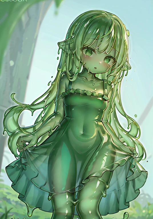 Girl Loli Slime, Exterior color: Green, Transparent, in full height,  no dress, with long hair