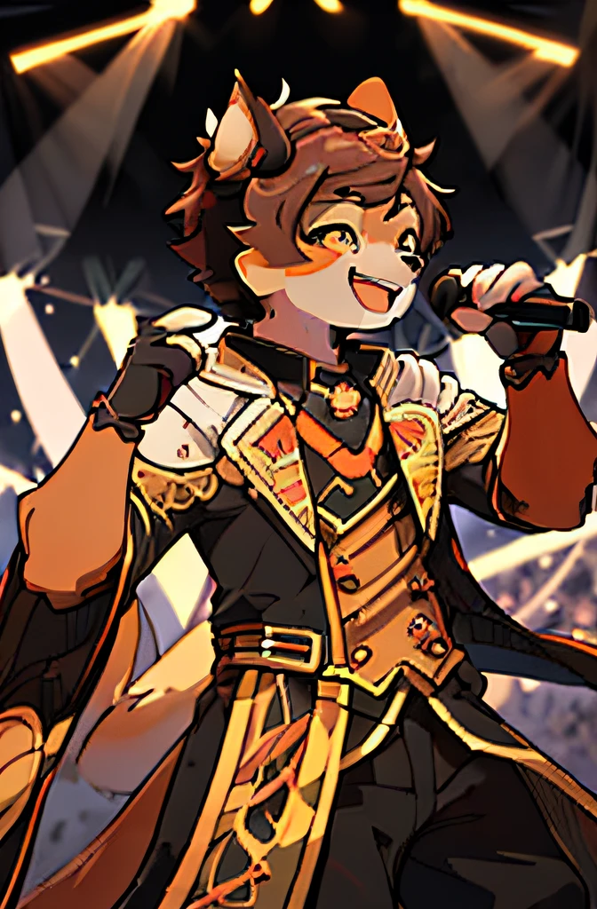 top-quality，best qualityer，rzminjourney，vectorial art，High quality illustrationtiz，tmasterpiece）（komono，furry anthro），Idol put on singing costumes，Background stage，Performance stage background,brown hair, round form，Bust，(Boy black humanoid dog:1.2), Smiling，Super detailed illustration，solo person