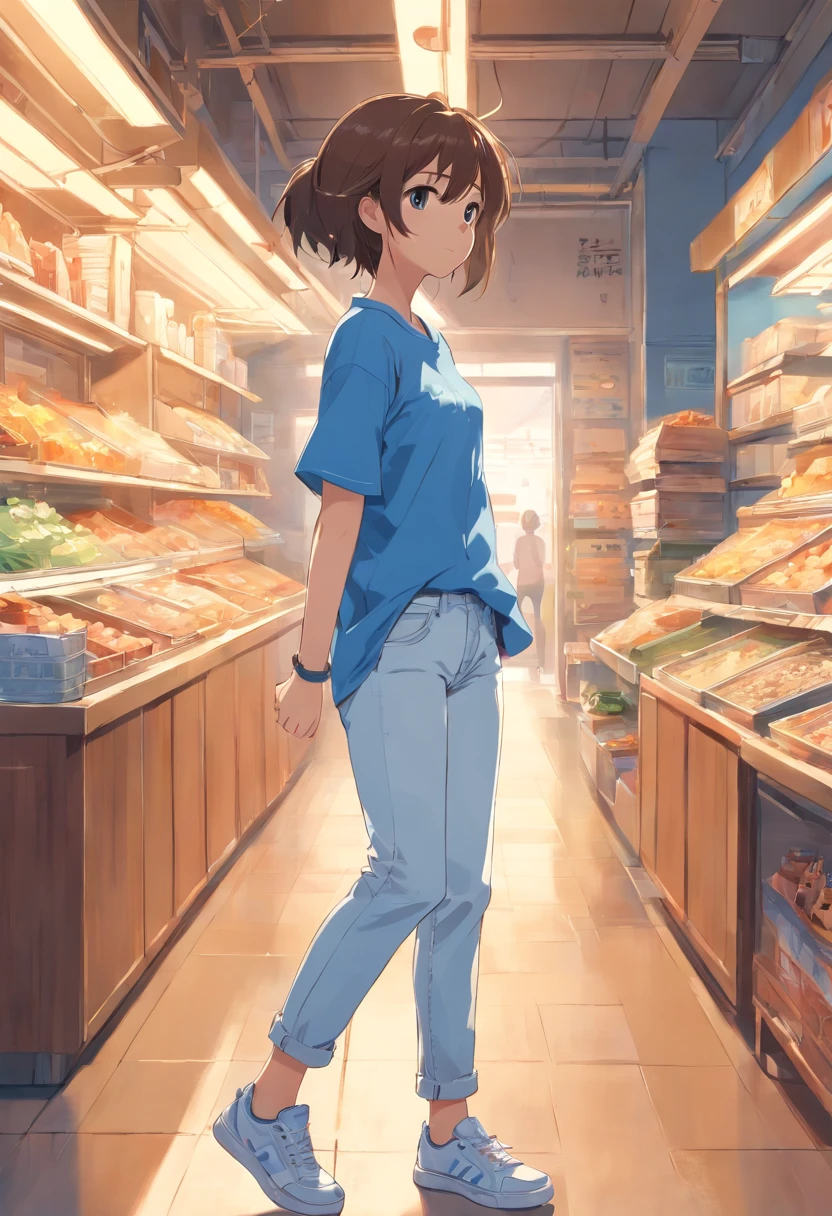 A young girl wears a blue shirt,Sneakers white,Jeans trousers light blue side a little back with a cat in hand
