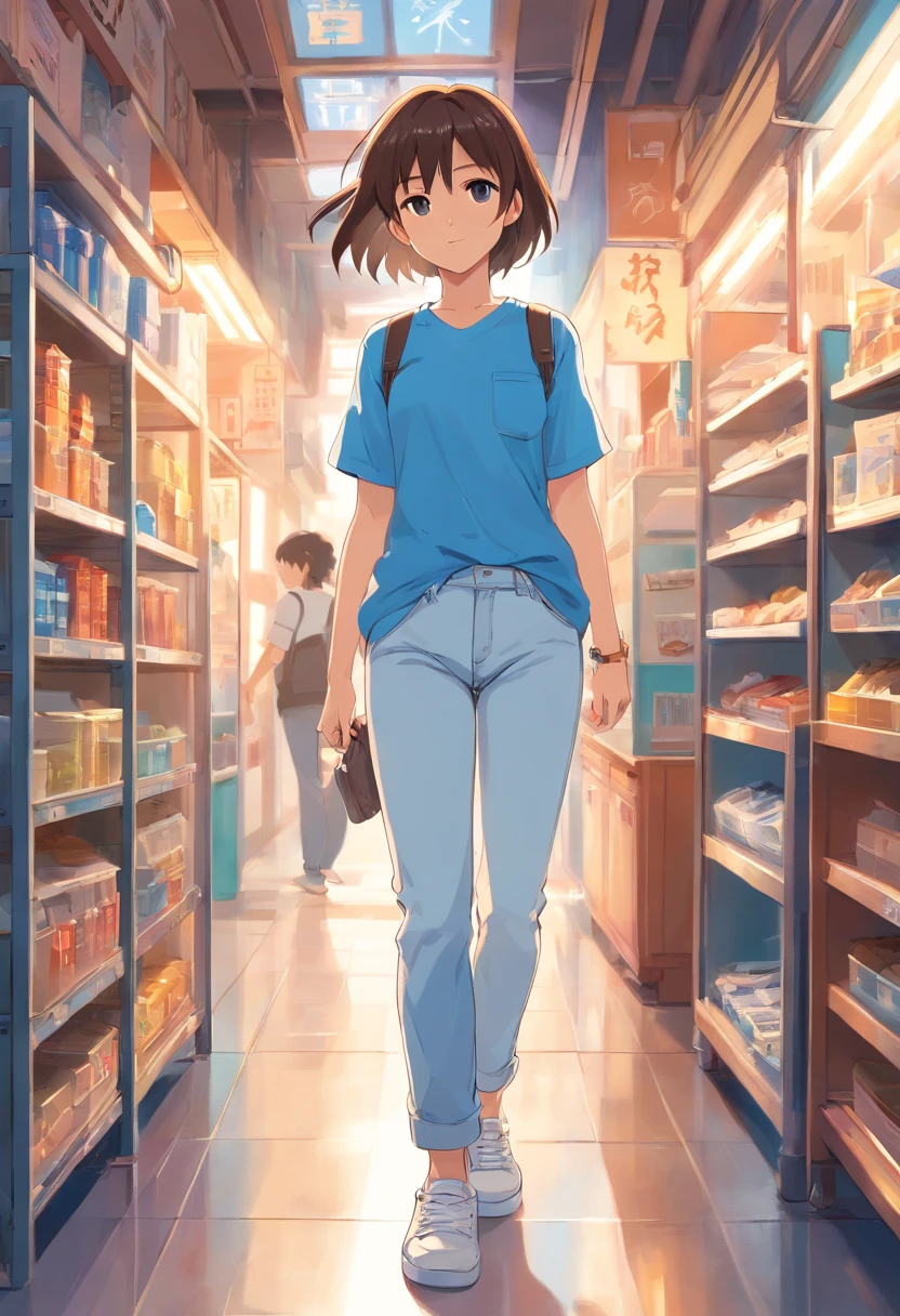 A young girl wears a blue shirt,Sneakers white,Jeans trousers light blue side a little back with a cat in hand