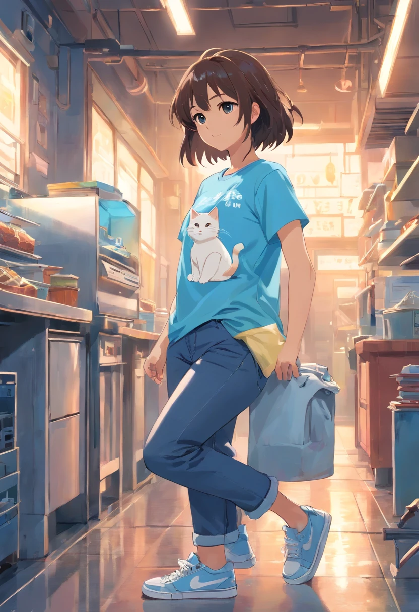 A young girl wears a blue T-shirt,Sneakers white,Jeans trousers light blue side a little back with a cat in hand
