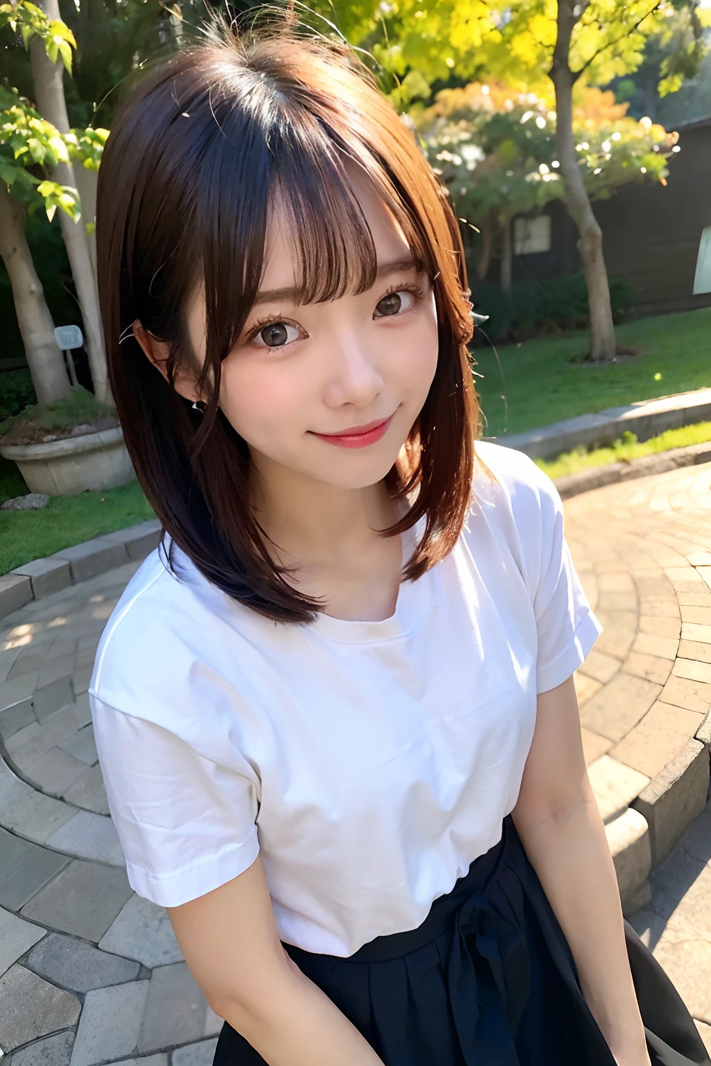 (masterpiece, Highest quality:1.2), Japanese、One Girl, 12 years old, cute, Expressionless, alone, Small Nose, Small red cheeks and nose, 非常にcute表情, Short Bob,Wavy Hair、、透き通るようなwhiteい肌、whiteいキャミソール、((girl、Upper body angle))、the skin is transparent、Flat chest for a more realistic look、whiteＴshirt、Blurred Background、garden、Promenade、Flower Field