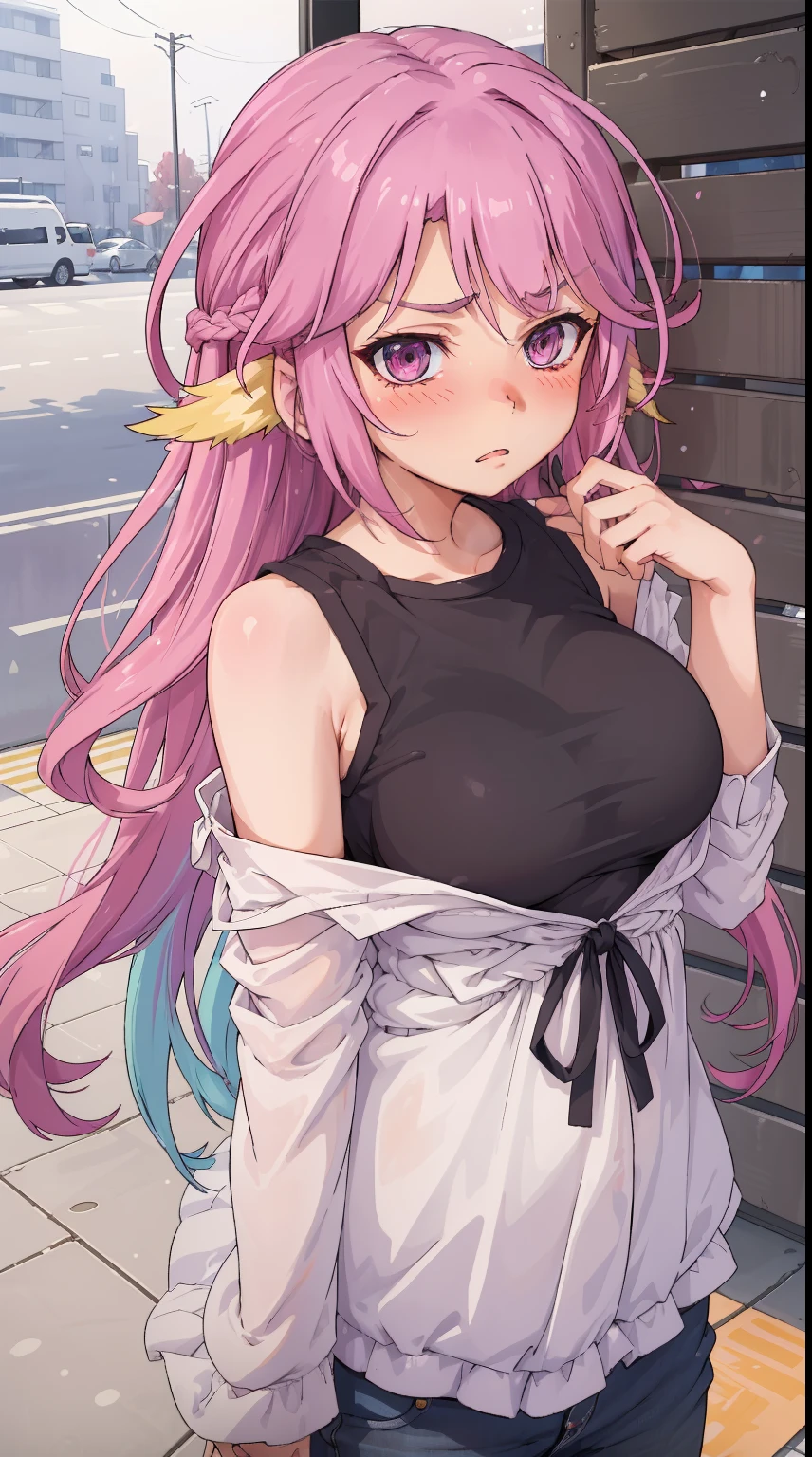 Jibril, ((upper body)), blushed, perfect anatomy, detailed eyes, detailed lips, extremely detailed eyes and face, vivid colors, sharp focus, masterpiece:1.2, ultra-detailed, blushed, ((doggystyle)), (solo), ((casual clothes)), sleeveless, ((((random hairstyle)))), (((disdain, disgust))).